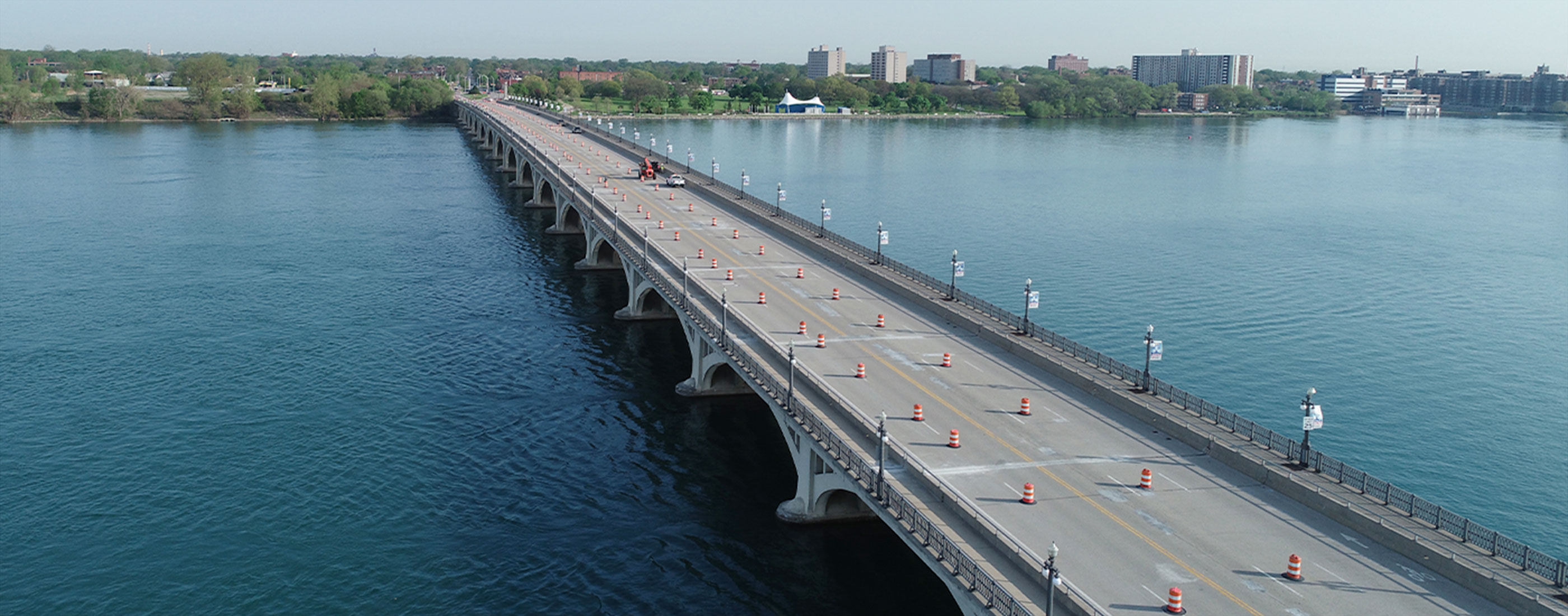 Traffic cones set up as OHM Advisors helps MDOT preserve the Douglas A. MacArthur Bridge.