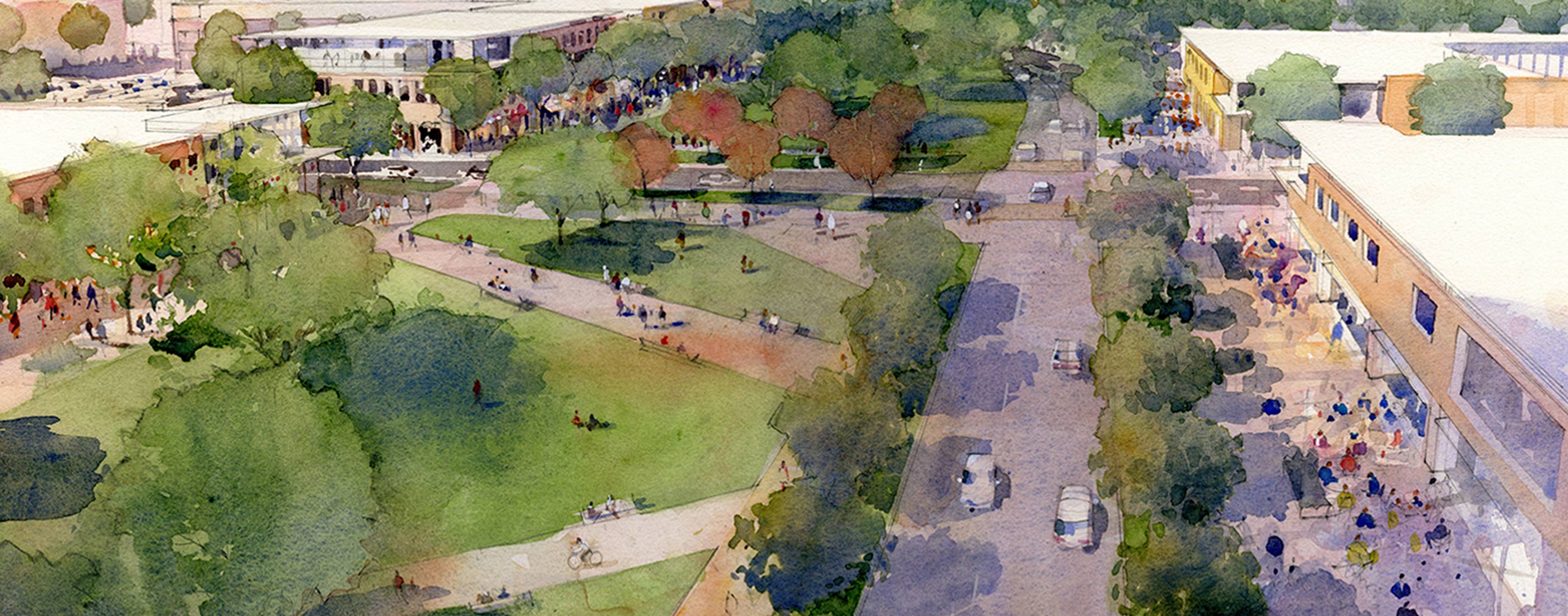 Water color of OHM Advisors' vision to develop Northland Mall into a mixed-use public space
