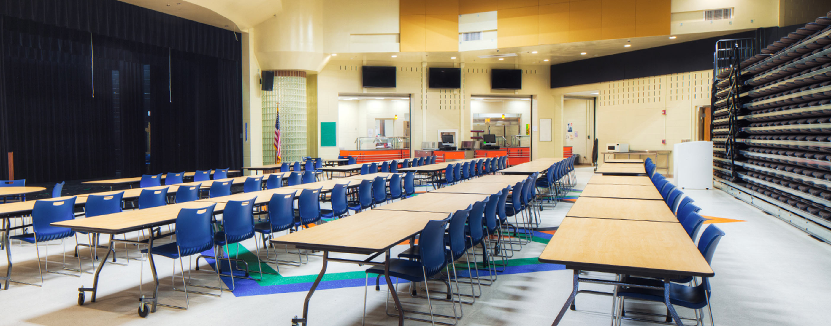 OHM Advisors helped re-design this combined cafeteria and assembly space, in West Liberty-Salem Local School District’s campus.