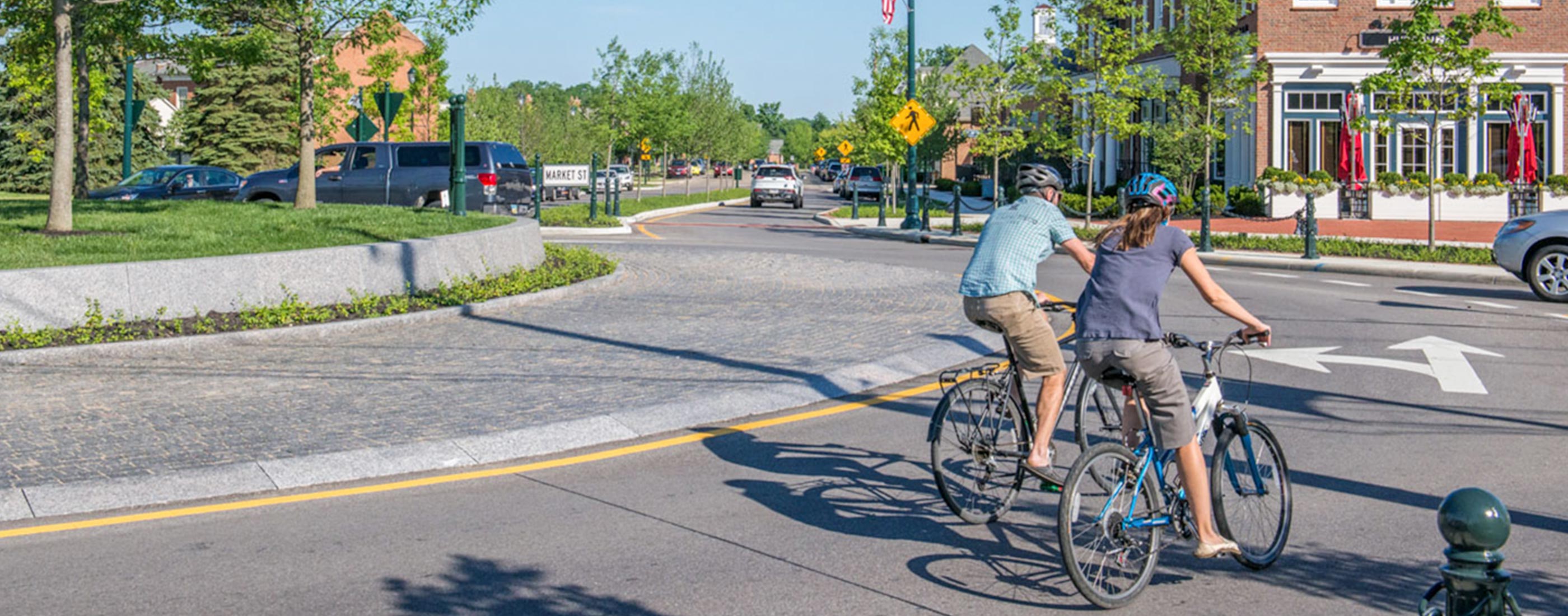 New Albany, Ohio’s central roundabout, designed by OHM Advisors, provides safe bike lanes.