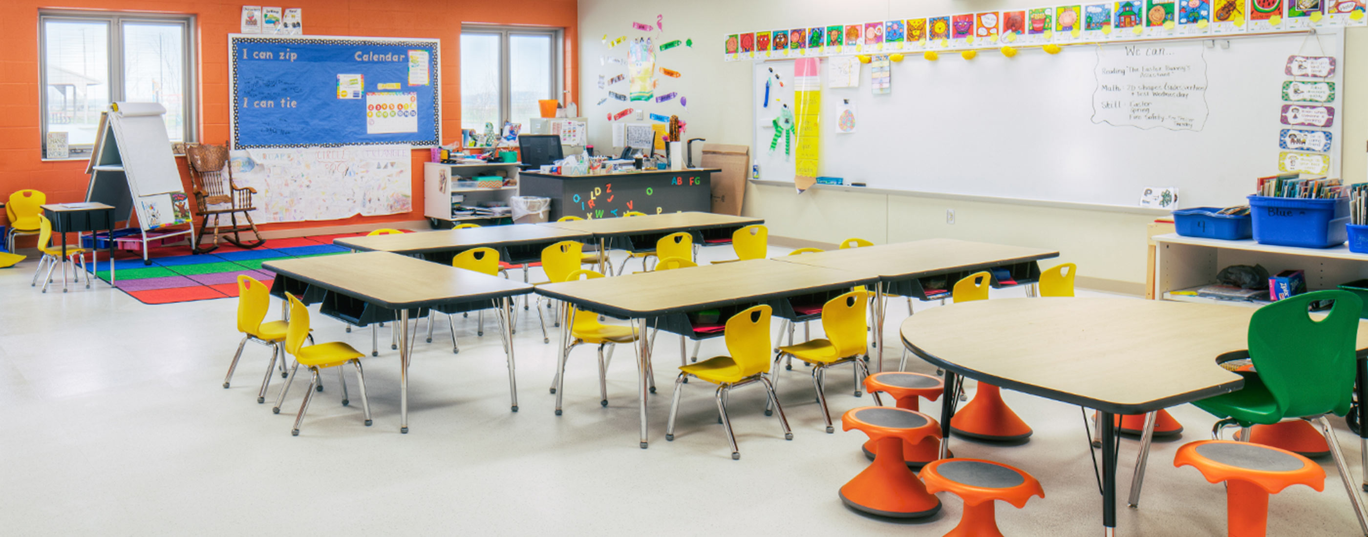 Reconfigurable furniture and bright colors create a flexible classroom in West Liberty-Salem Local School District’s campus, designed by OHM Advisors.