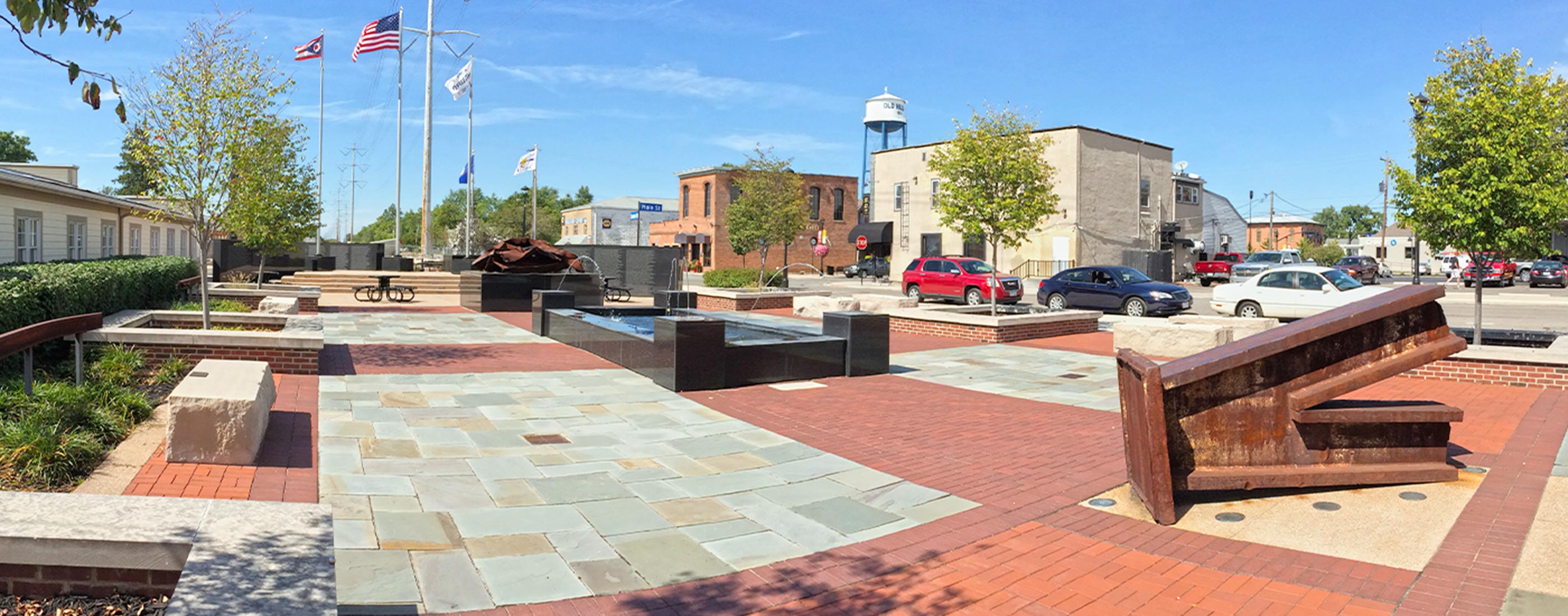 Hilliard First Responders Park is made up of a series of contemplative spaces, and incorporates fountain features, seating areas, sculptures, and memorial monuments.