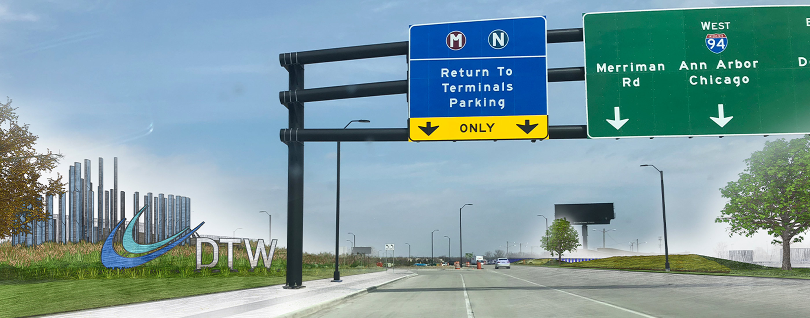 Improved landscape design of the Detroit Metro Airport median.