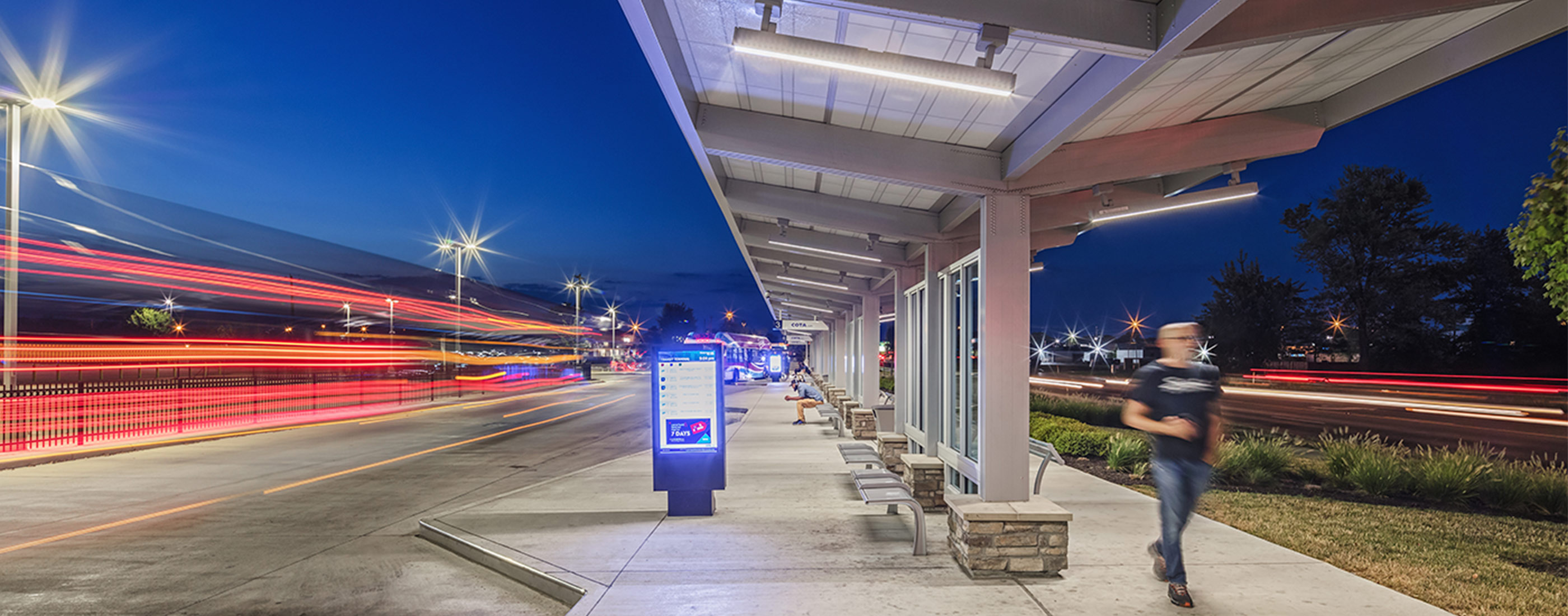 A nighttime view of COTA's bus rapid transit line.