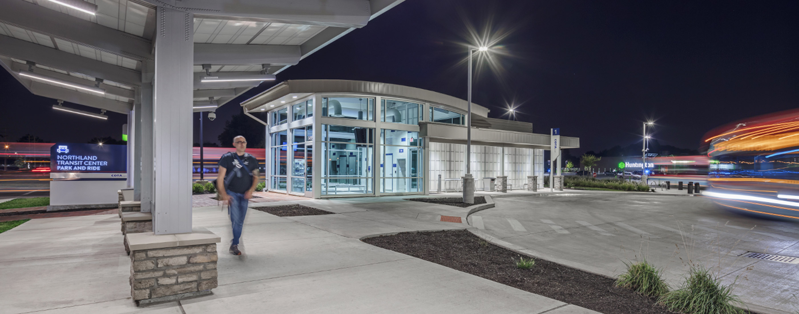 A nighttime view of COTA's Northland Transit Center Park and Ride.