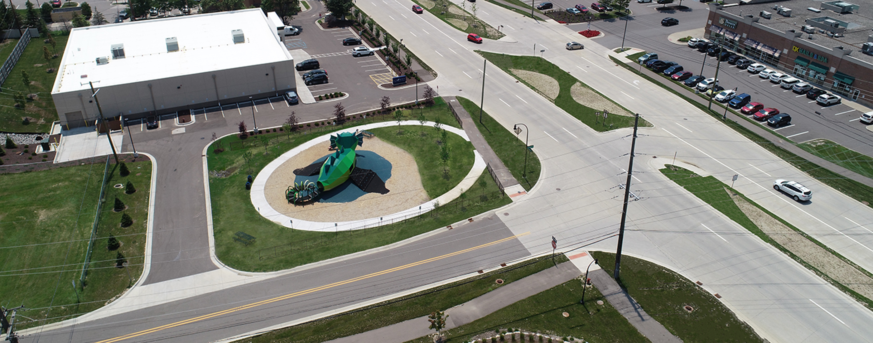 Birdseye view of the new dragon themed pocket park alongside Baldwin Road in Lake Orion, MI