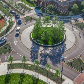An aerial view of the new roundabout designed by OHM Advisors for the city of New Albany, Ohio.