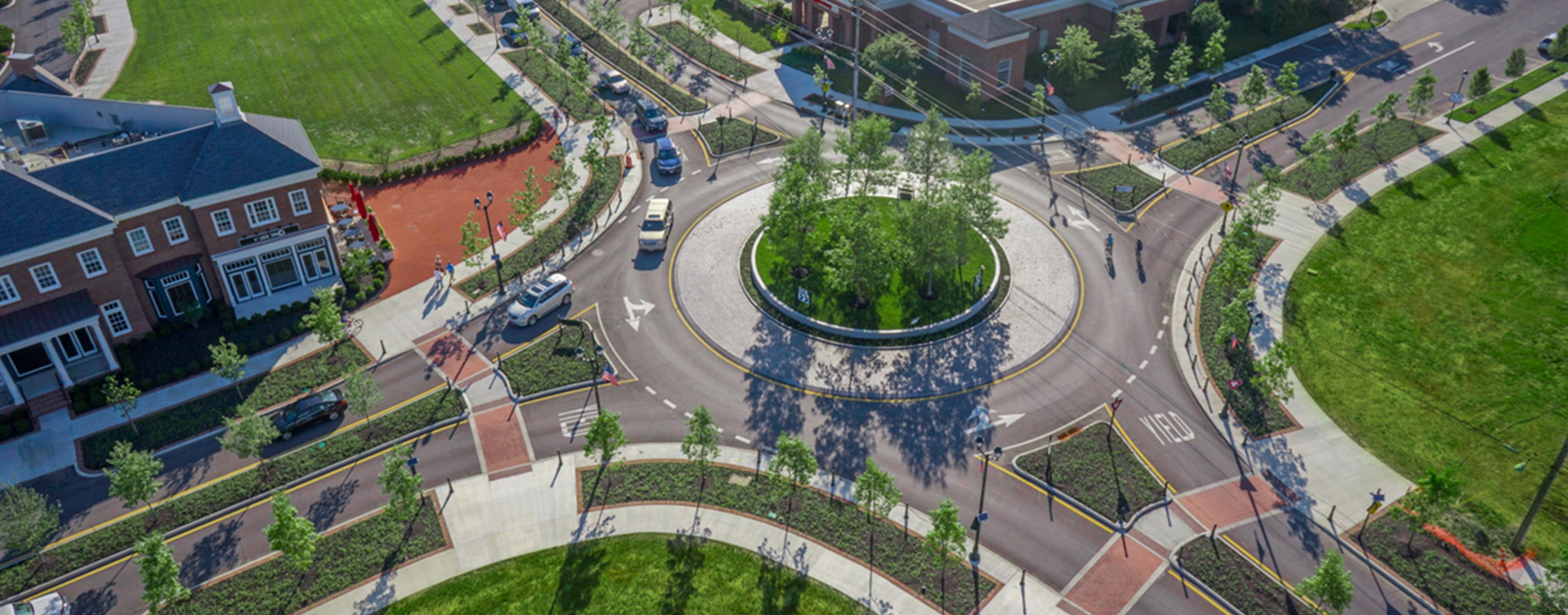 An aerial view of the new roundabout designed by OHM Advisors for the city of New Albany, Ohio.