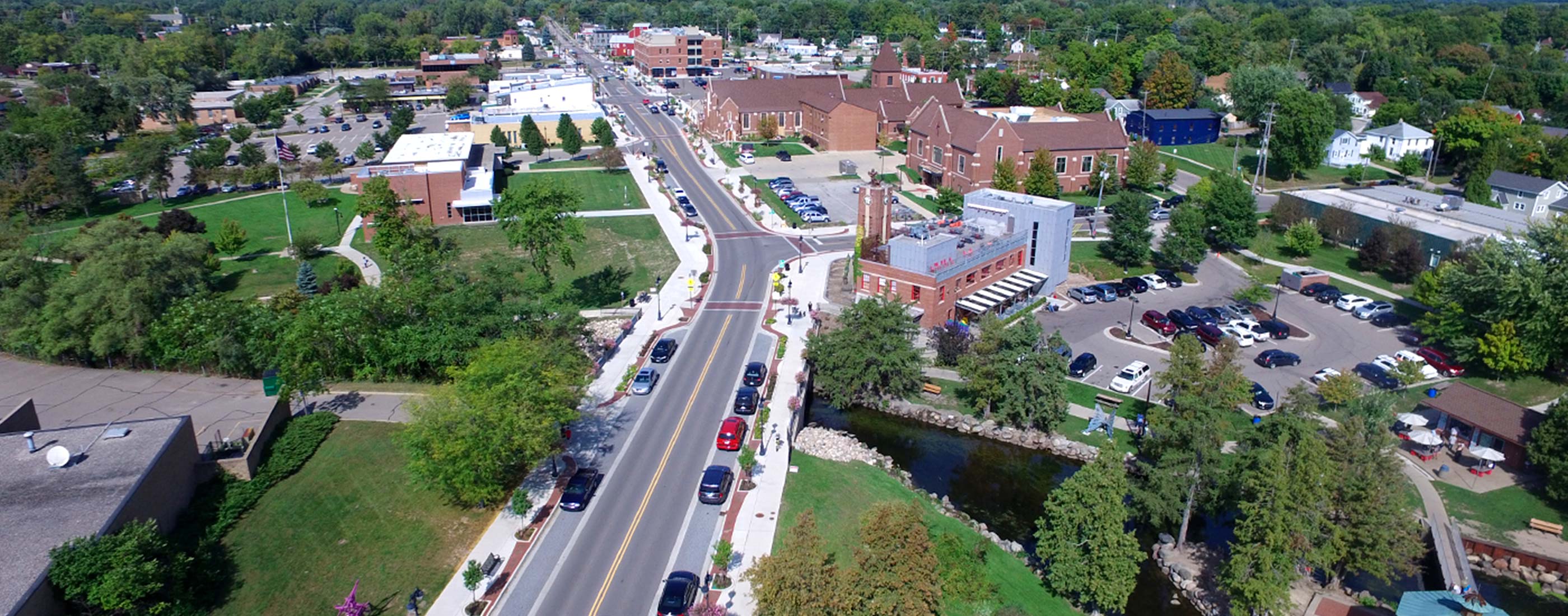 An aerial view of Fenton, Michigan’s downtown streetscape and road rehabilitation project, led by OHM Advisors.