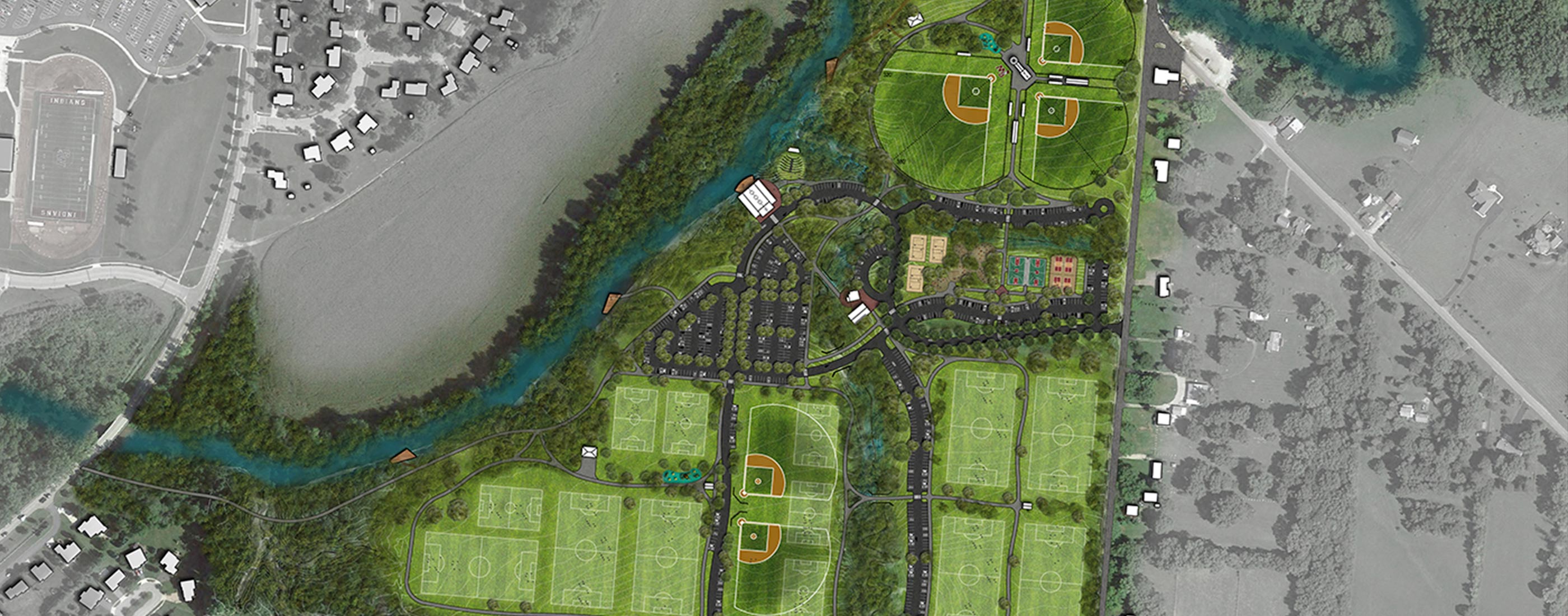 An aerial view of McGill Park's proposed master plan.