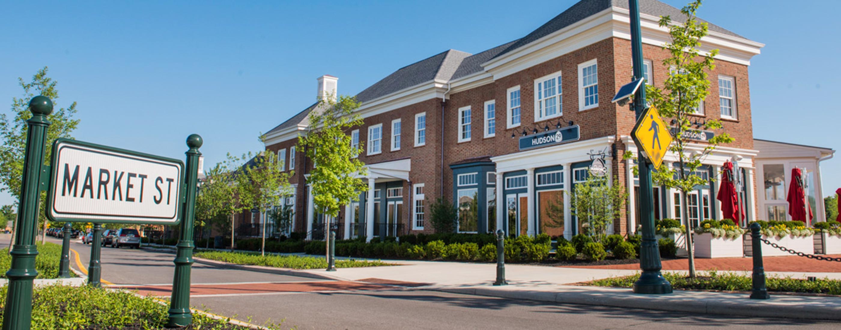 New Albany's Main and Market Streets Roundabout, designed by OHM Advisors, includes a beautiful streetscape.