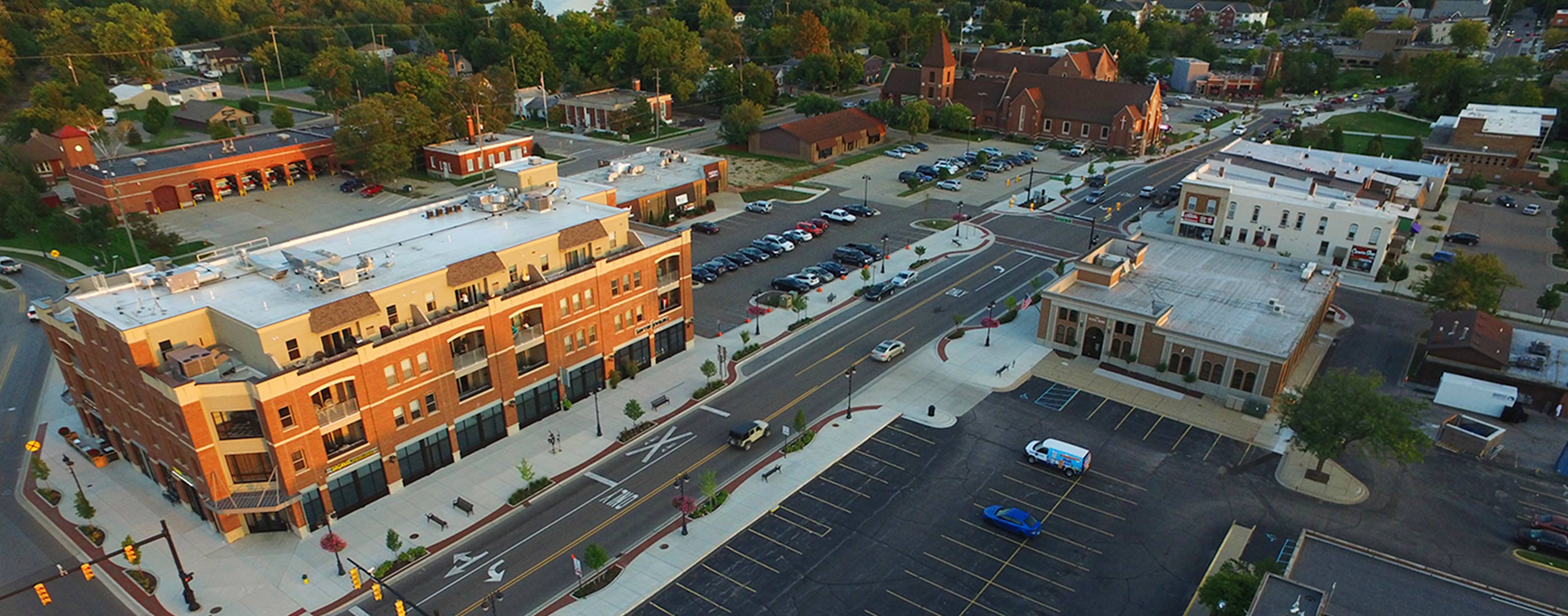 An aerial view of Fenton, Michigan’s downtown streetscape and road rehabilitation project, led by OHM Advisors.