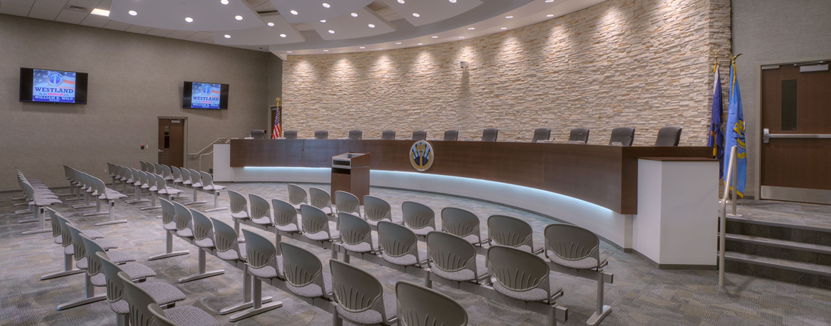 The new city council chambers in Westland, Michigan’s City Hall, designed by OHM Advisors