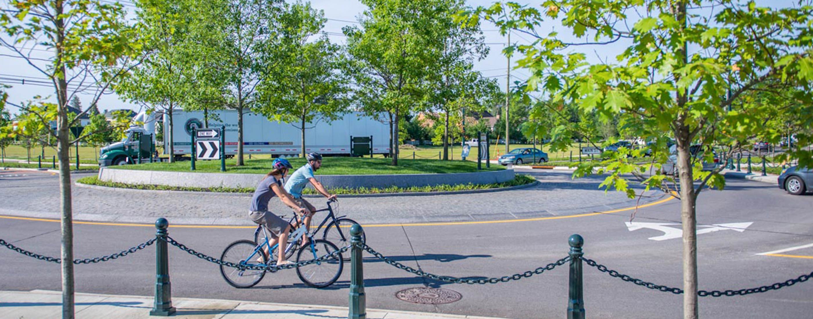 New Albany, Ohio’s central roundabout, designed by OHM Advisors, provides safe bike lanes.