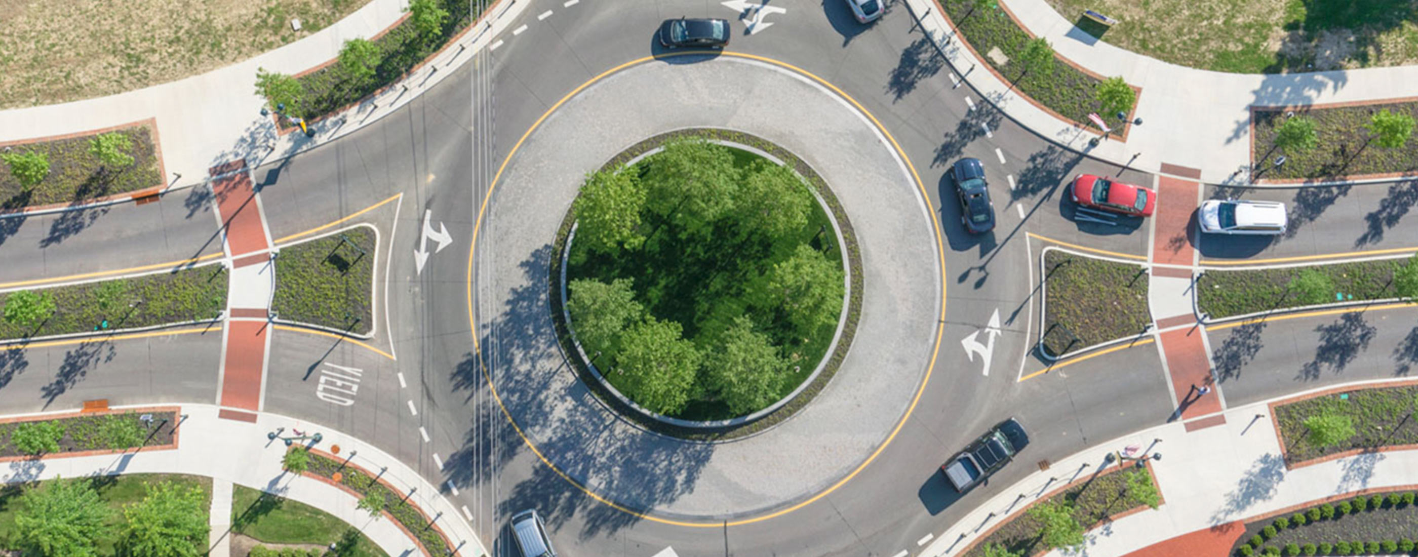 An aerial view of New Albany, Ohio’s central roundabout, designed by OHM Advisors.