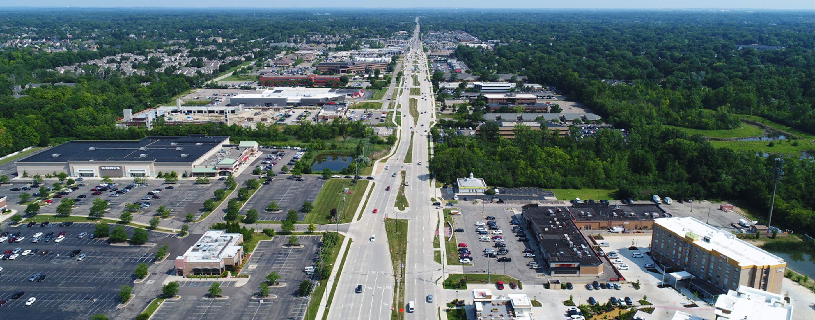 An overhead view of the 4-land boulevard on Orchard Lake Road in Farmington Hills, Michigan.