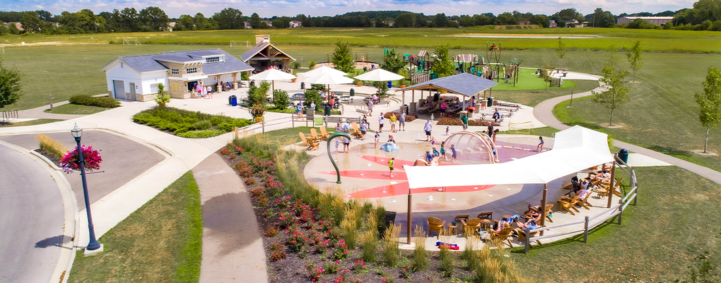 An aerial view of the splash pad at the City of Delaware's Veterans Memorial Park.