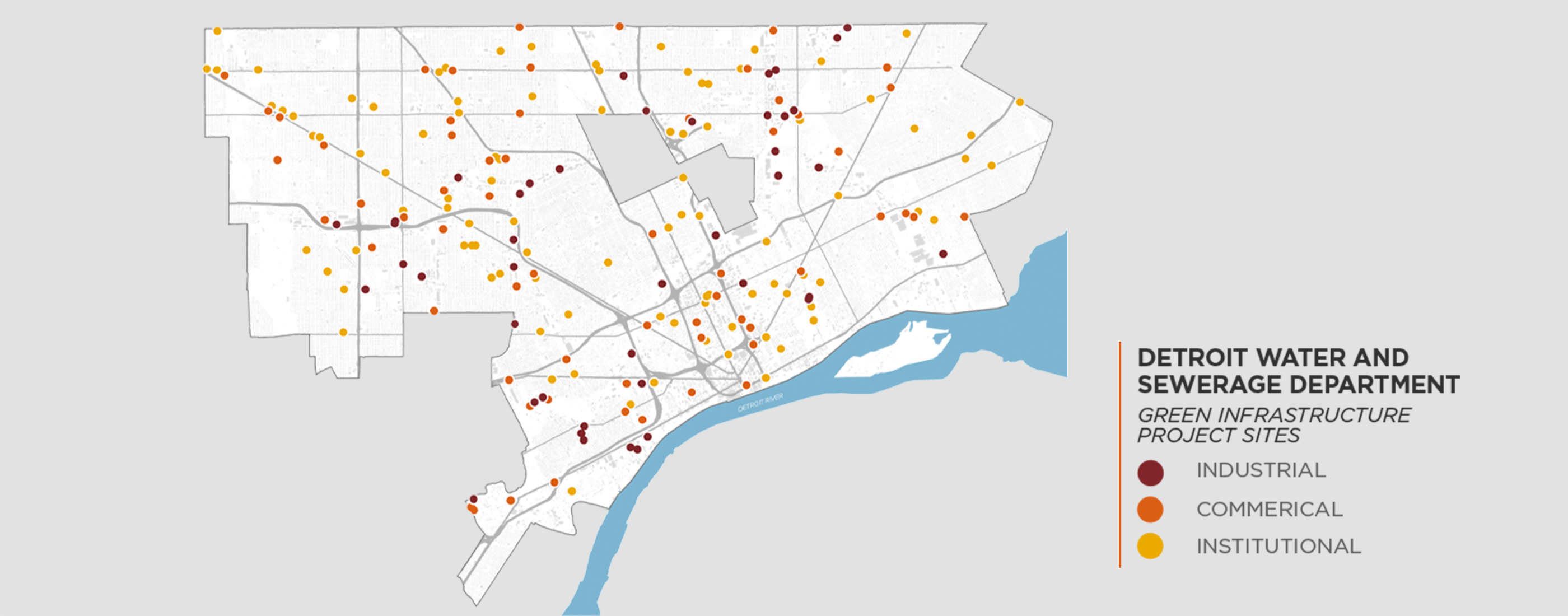 A map of DWSD's green infrastructure project sites.