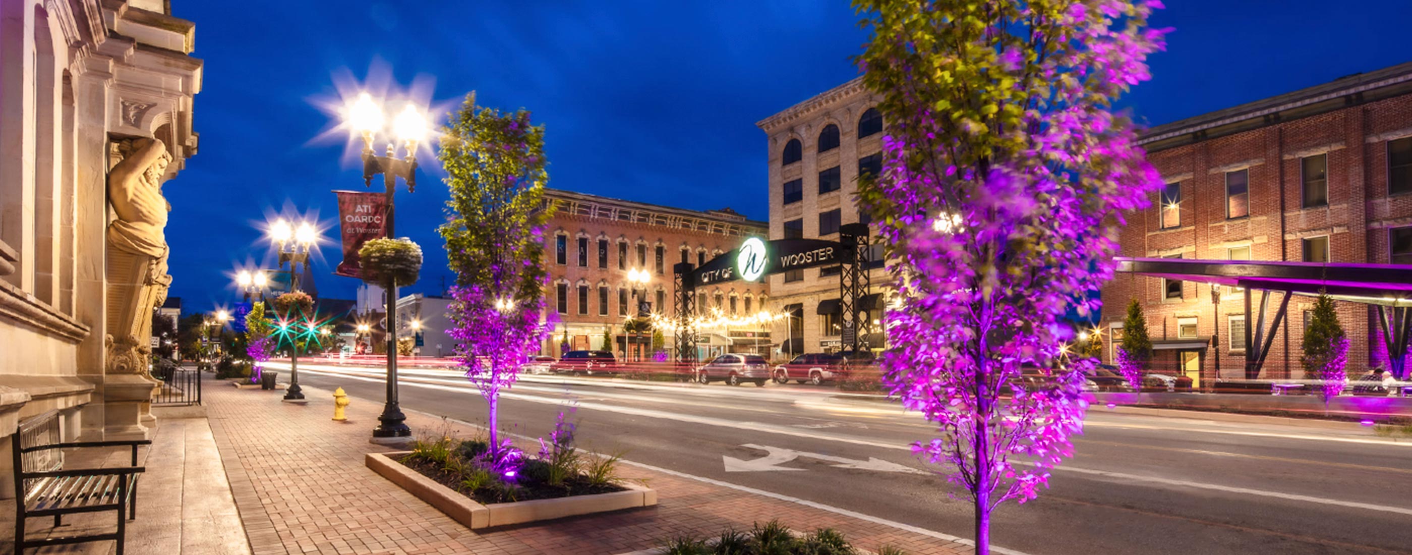 A gorgeous nighttime view of Downtown Wooster, Ohio.