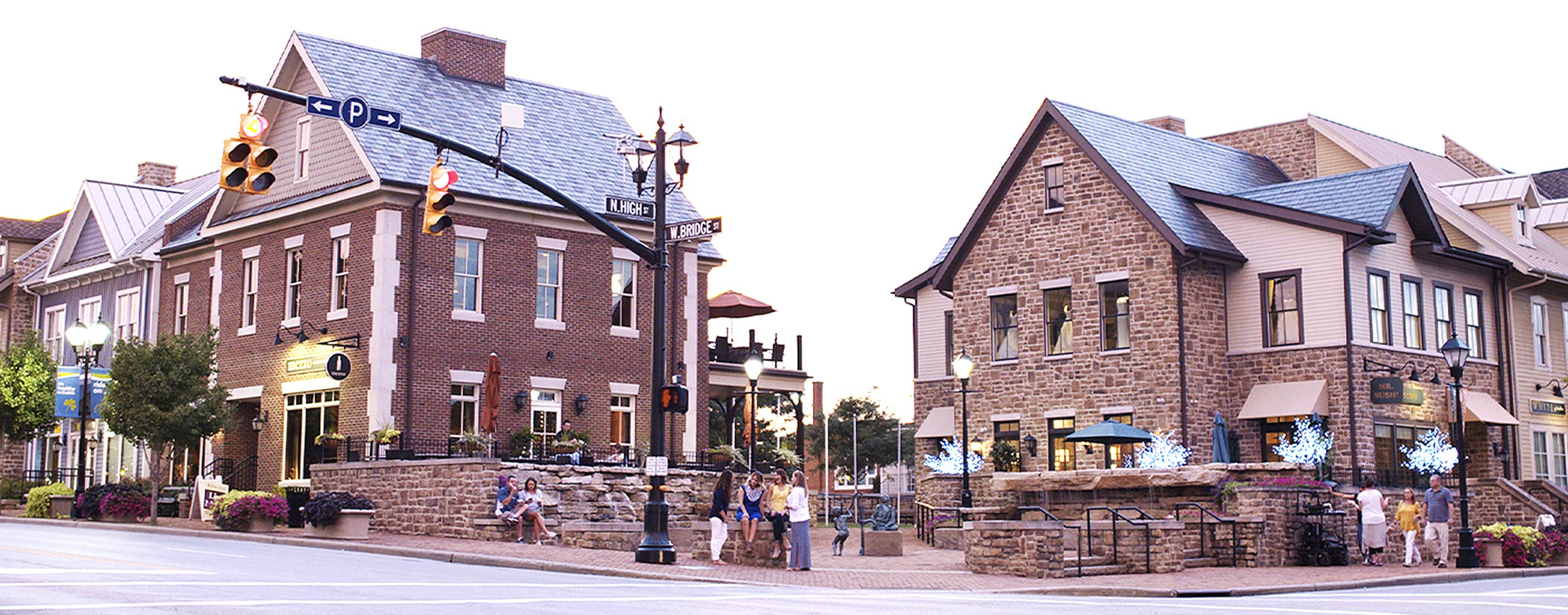 Historic downtown intersection at Bridge and High Streets in Dublin, Ohio.