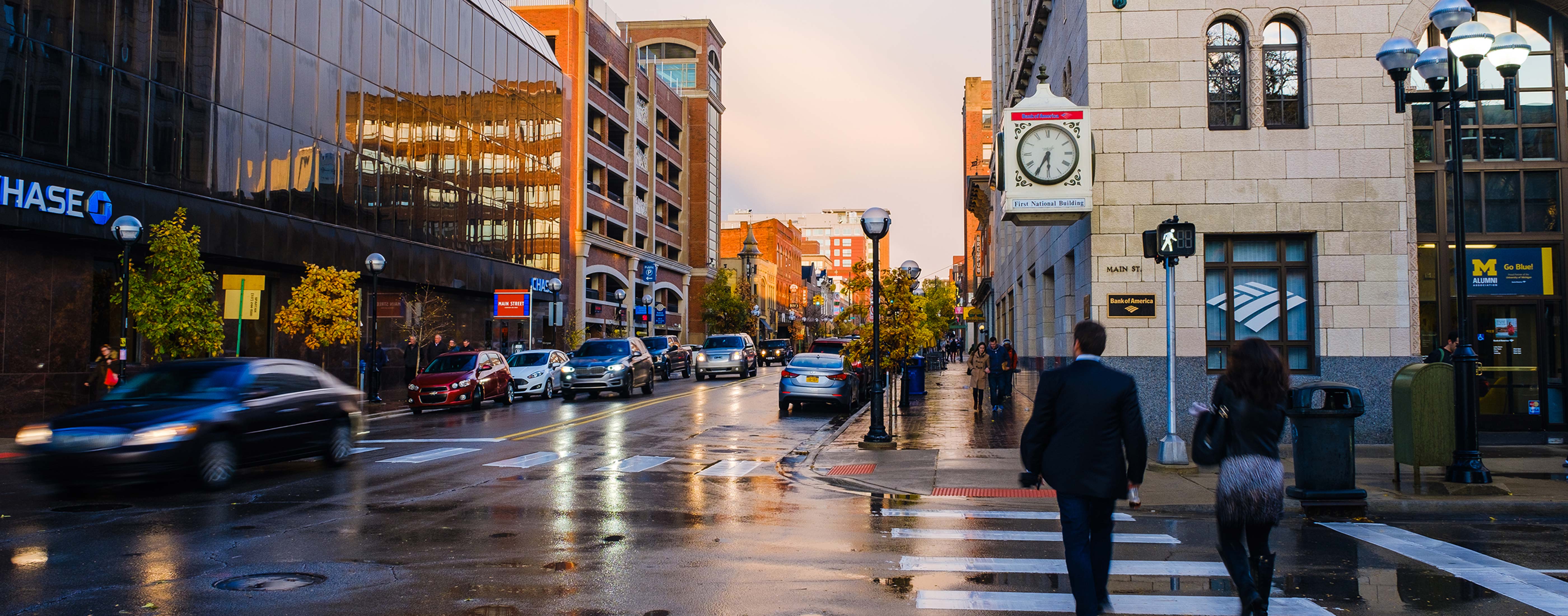 The City of Ann Arbor, Michigan's downtown at dusk.