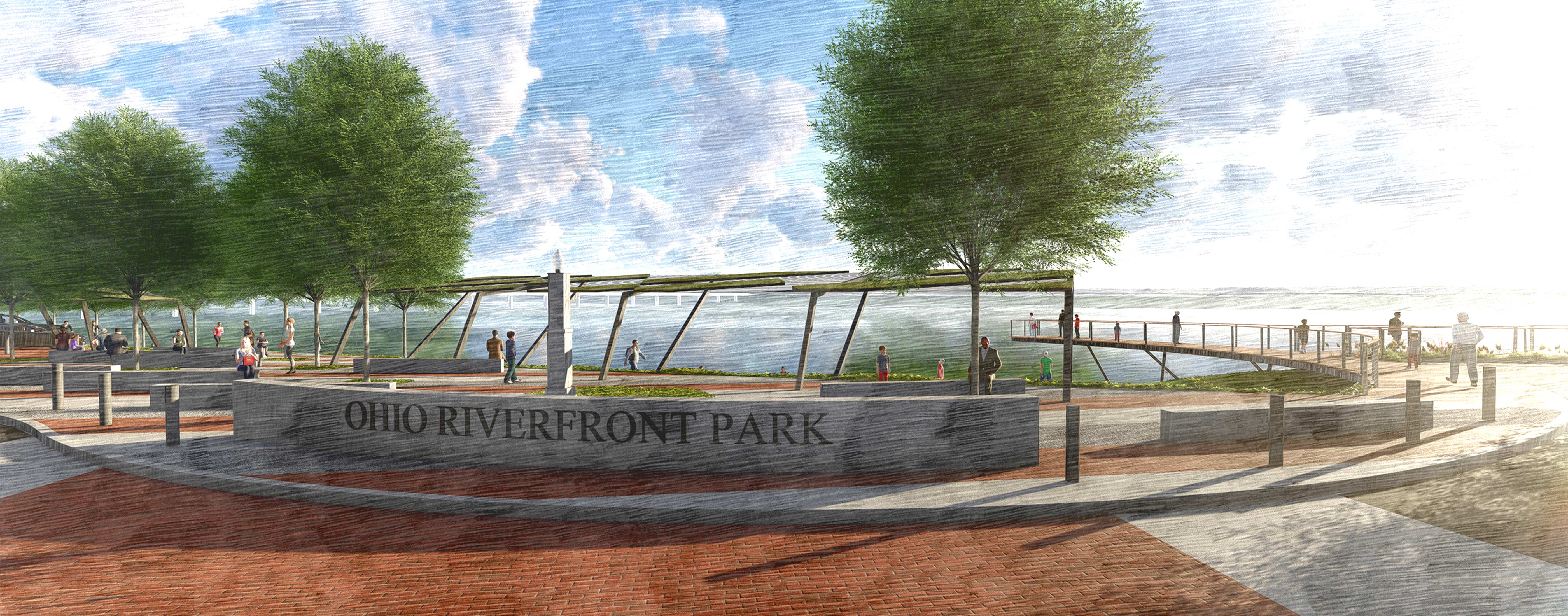 A sketch of the Ohio Riverfront Park in Downtown Marietta, as part of the historic vision and plan.