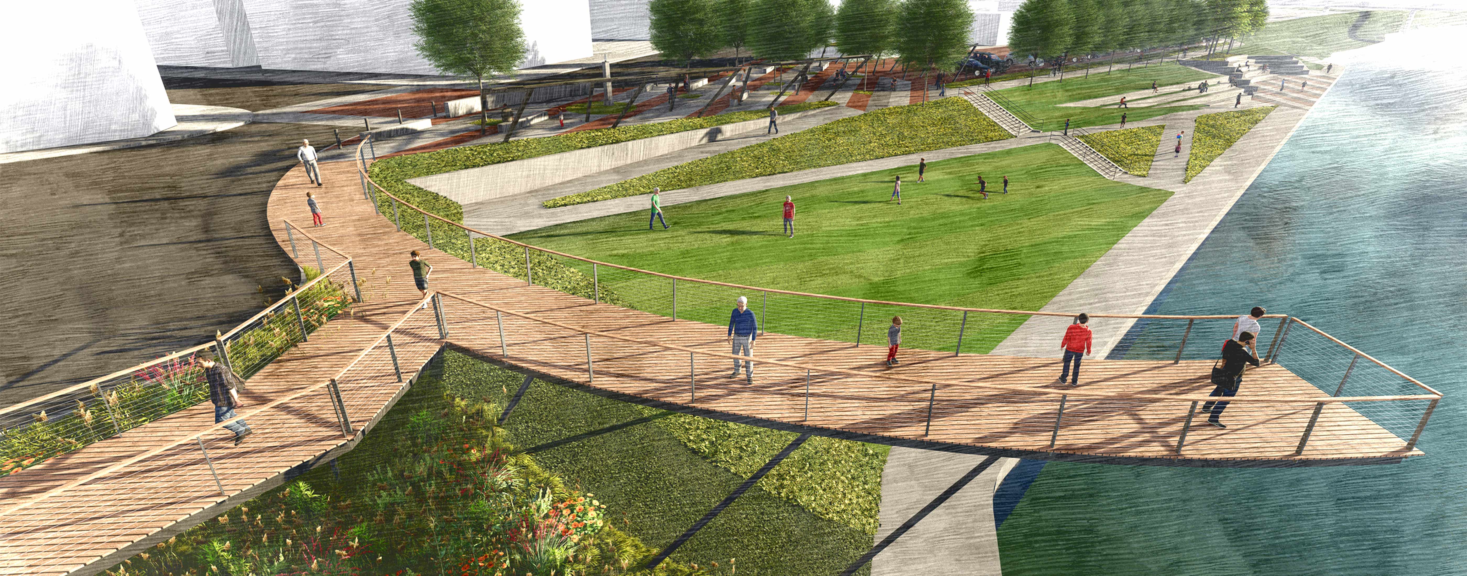 Pedestrians walk the Downtown Marietta Riverfront, part of the historic vision and plan.