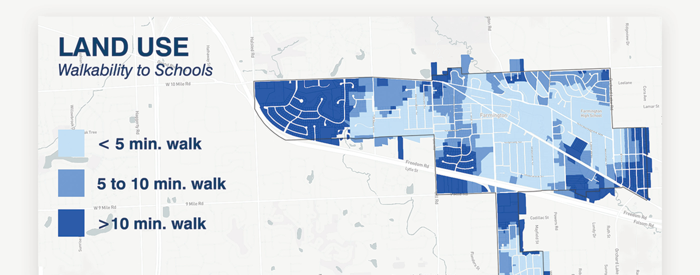 The City of Farmington's walkability to schools land use.