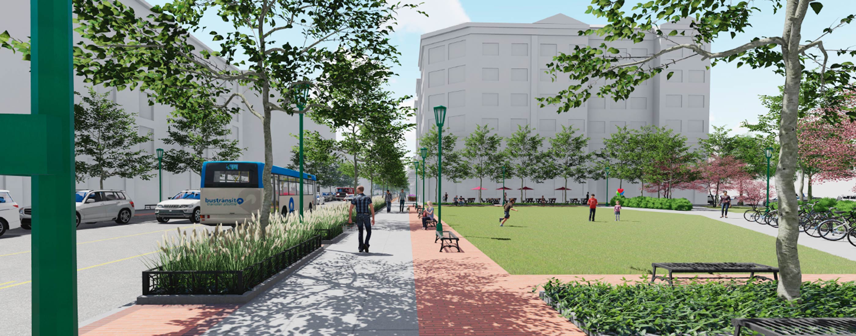 A rendering of Lane Avenue with more open space and increased walkability.
