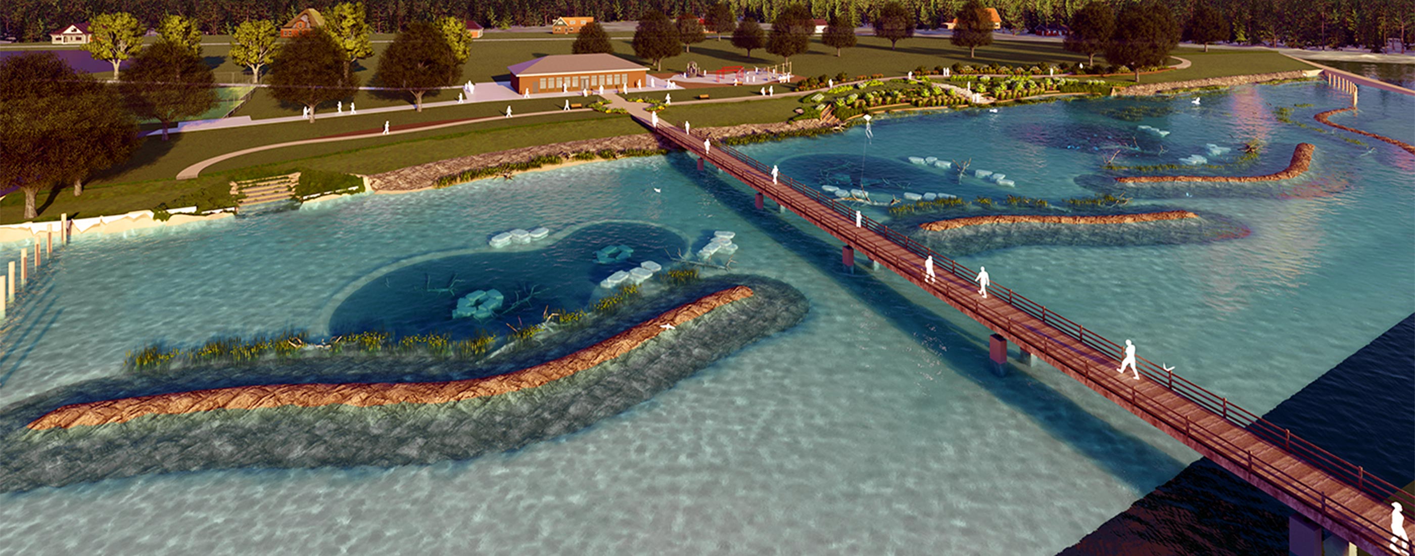 An aerial view rendering of park users crossing the bridge at the Brandenburg Park Shoreline.