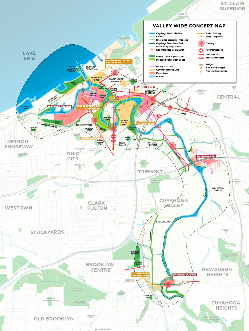 A Valley Wide Concept Map along Cuyahoga River depicting culverts, trails, intersections, bridges and more.