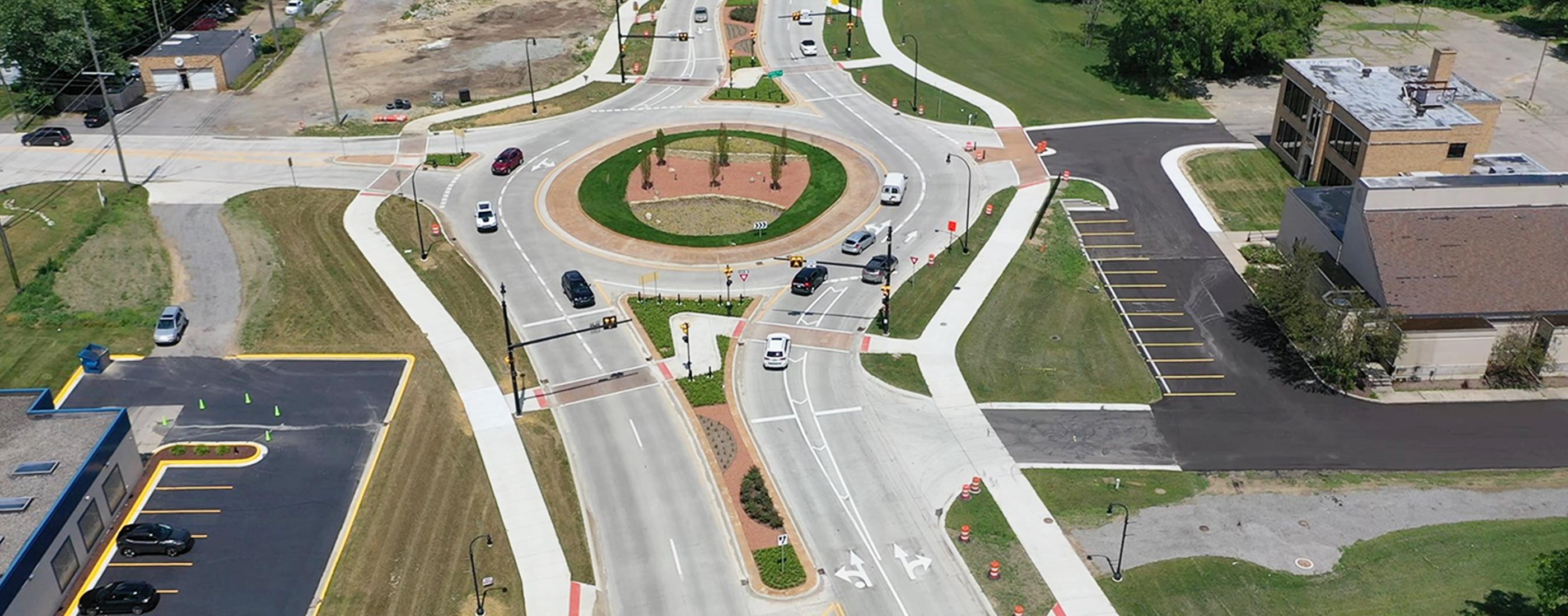 Roundabout along Baldwin Road in Northern Oakland County, Michigan.