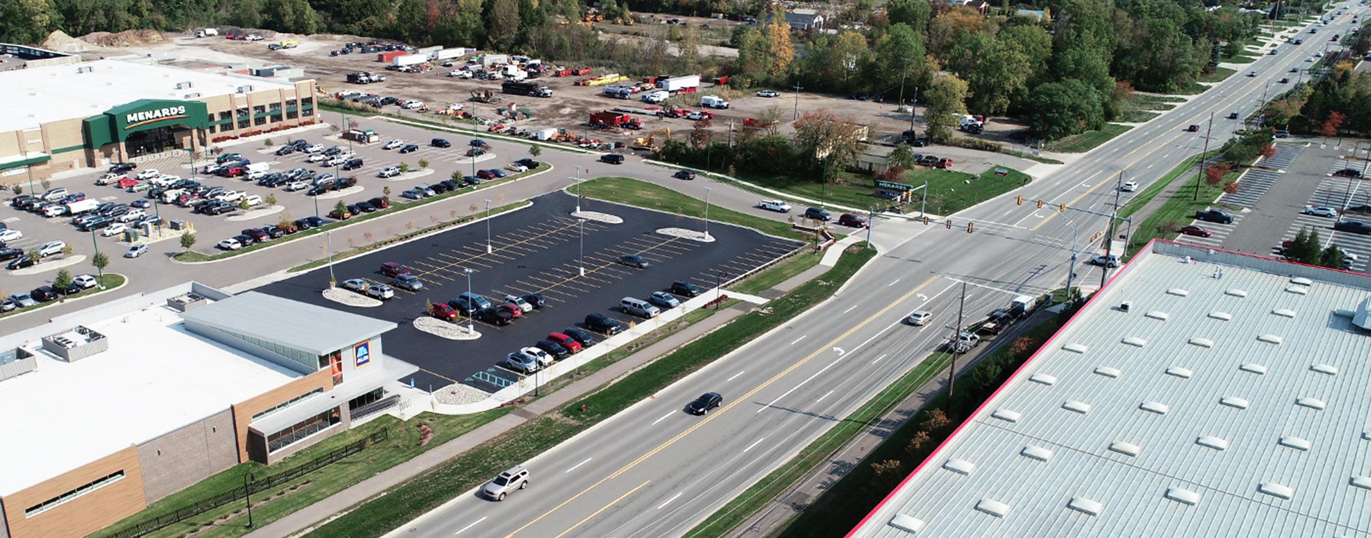 Close-up aerial view of Brown Road looking east