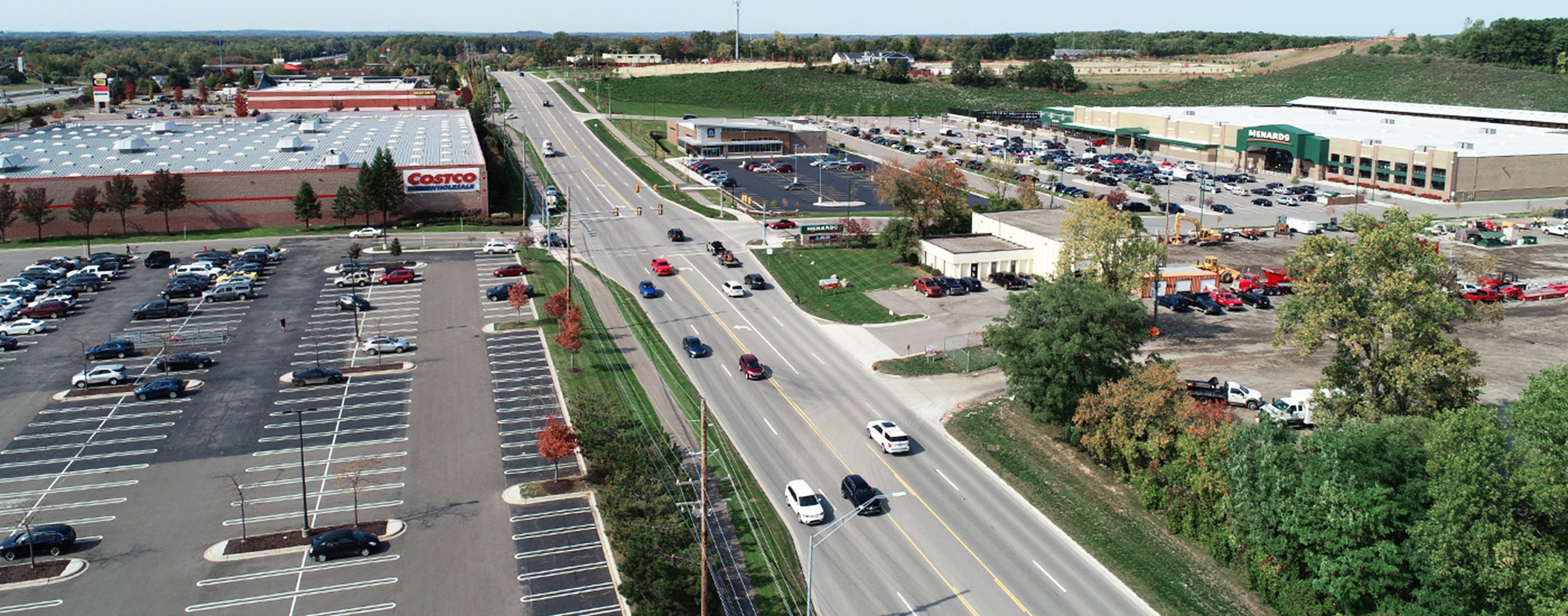 Close-up aerial view of Brown Road looking west