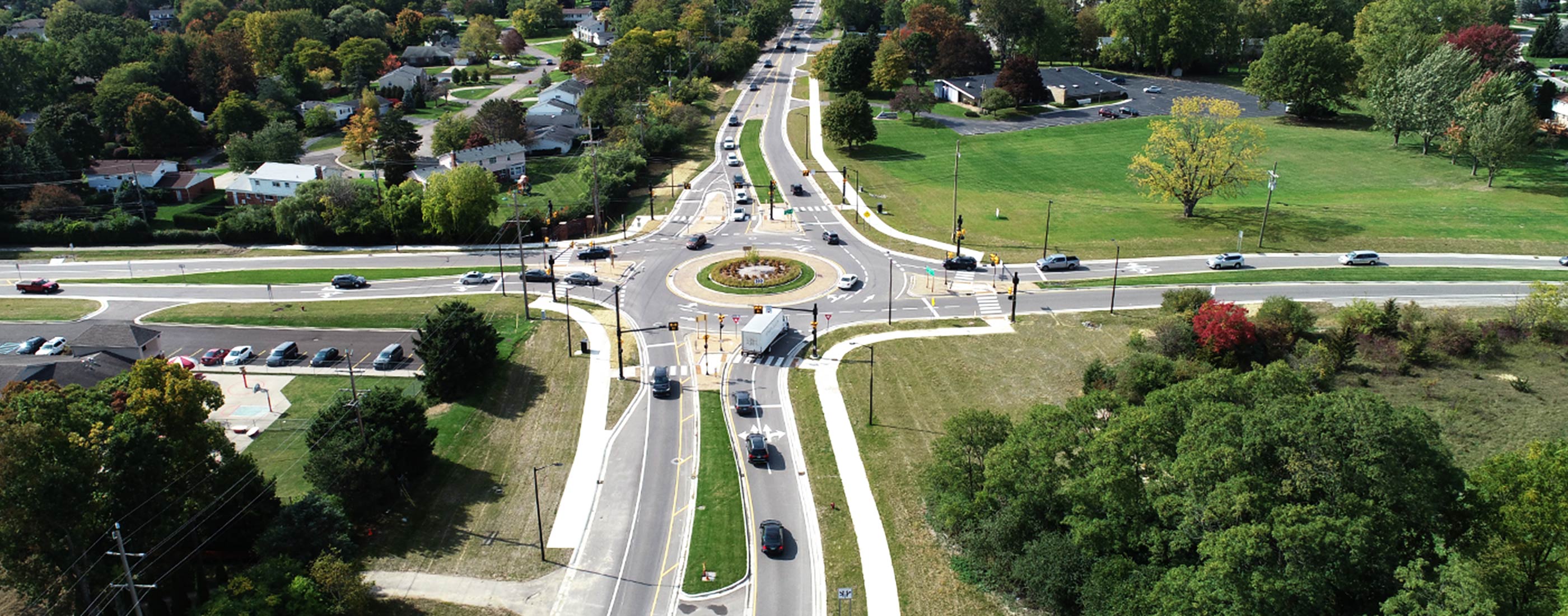 Distant aerial image of Maple & Middlebelt Road Roundabout in West Bloomfield, MI.