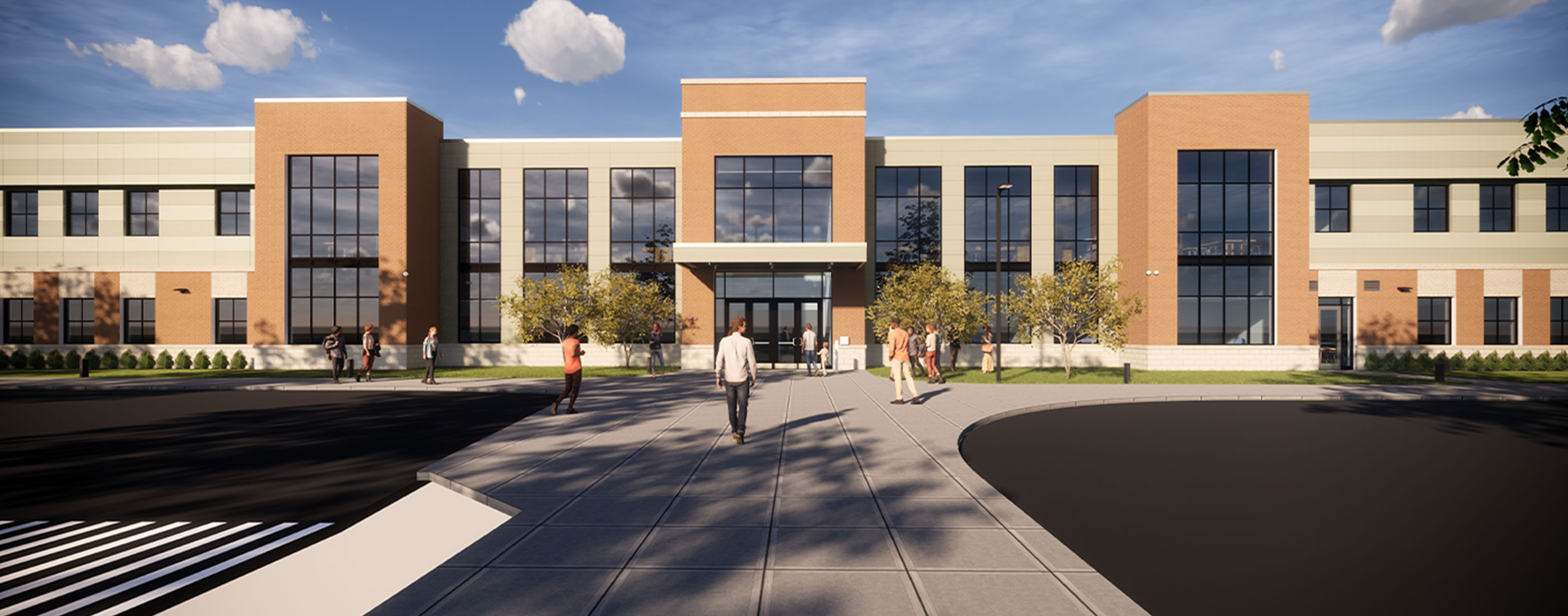 Front exterior rendering view of the newly designed Jerome Middle School in Dublin, OH.
