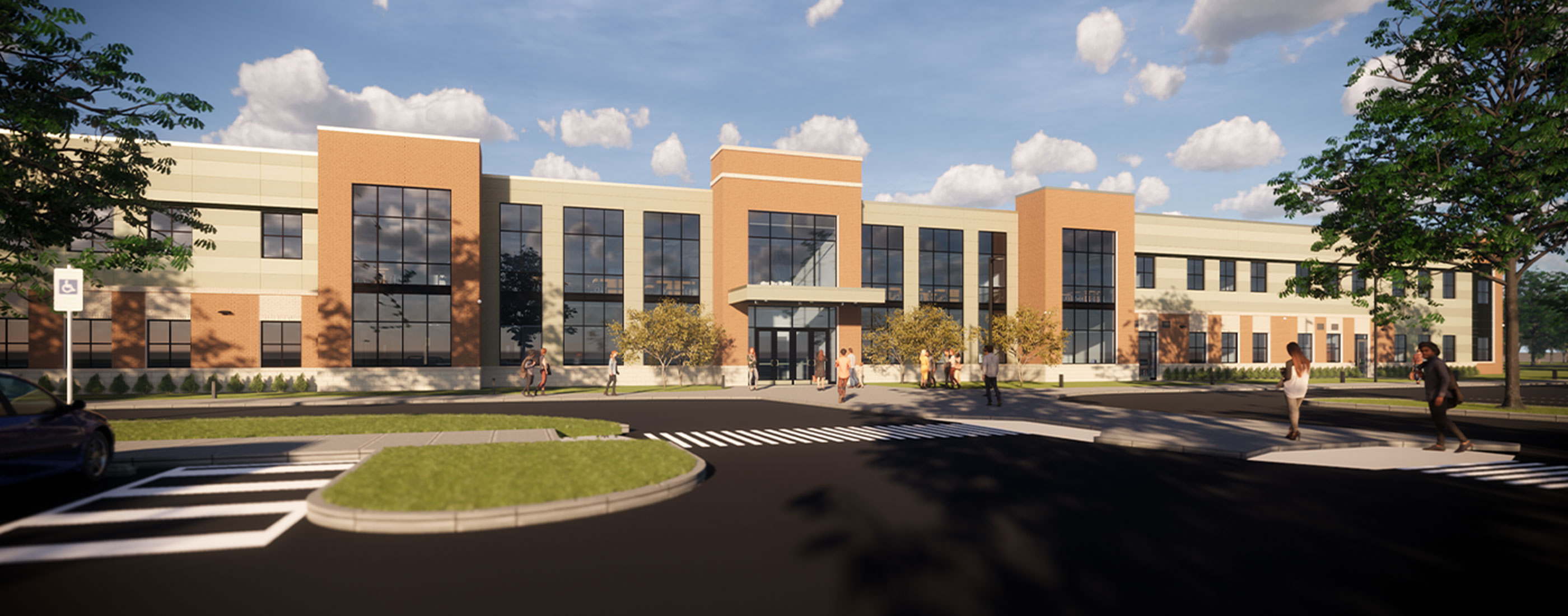 Exterior rendering view of the newly designed Jerome Middle School in Dublin, OH.