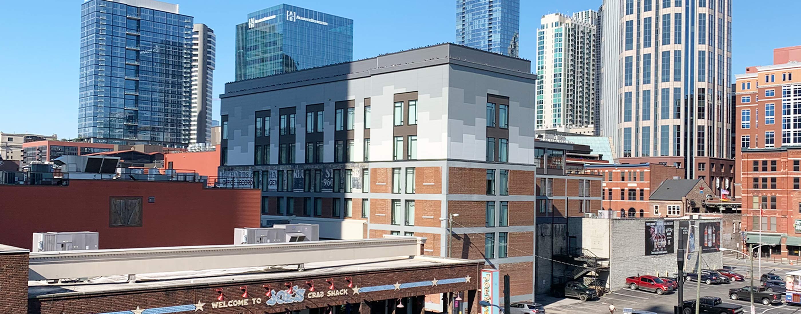 Exterior shot of the Moxy Hotel building