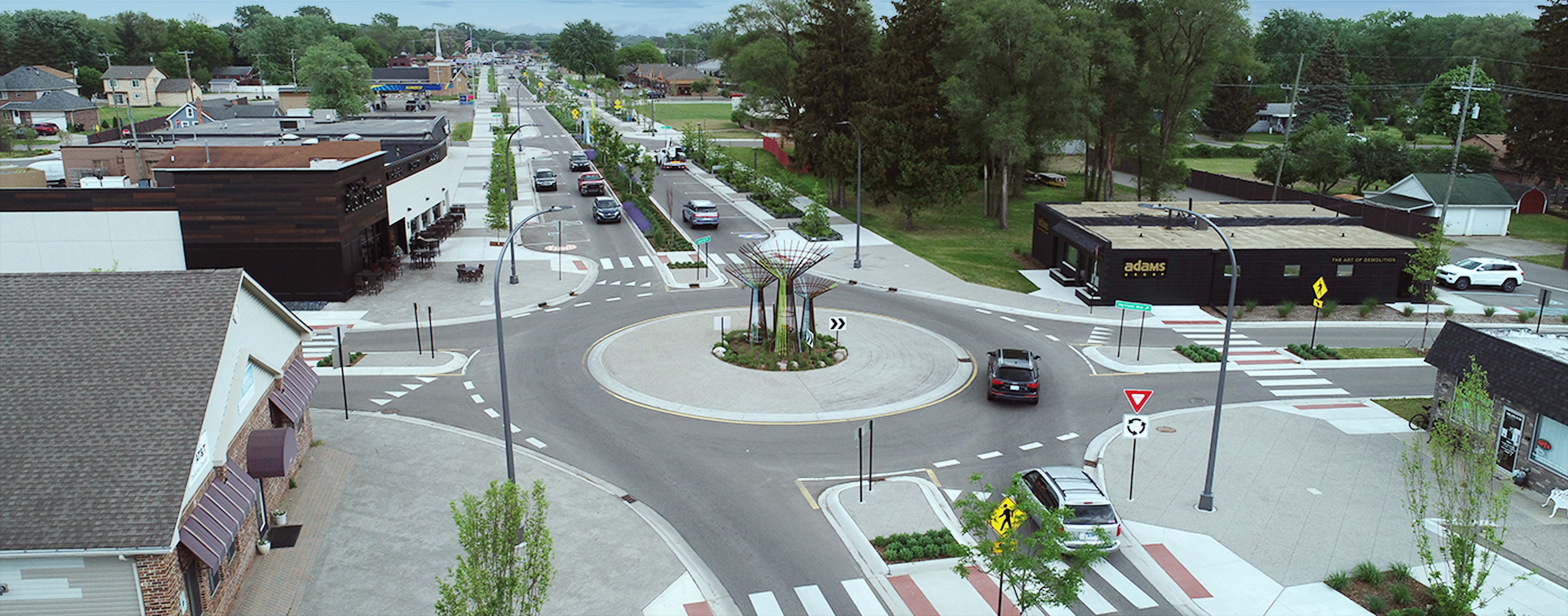 One of the roundabouts and new pedestrian crosswalks on Auburn Road.