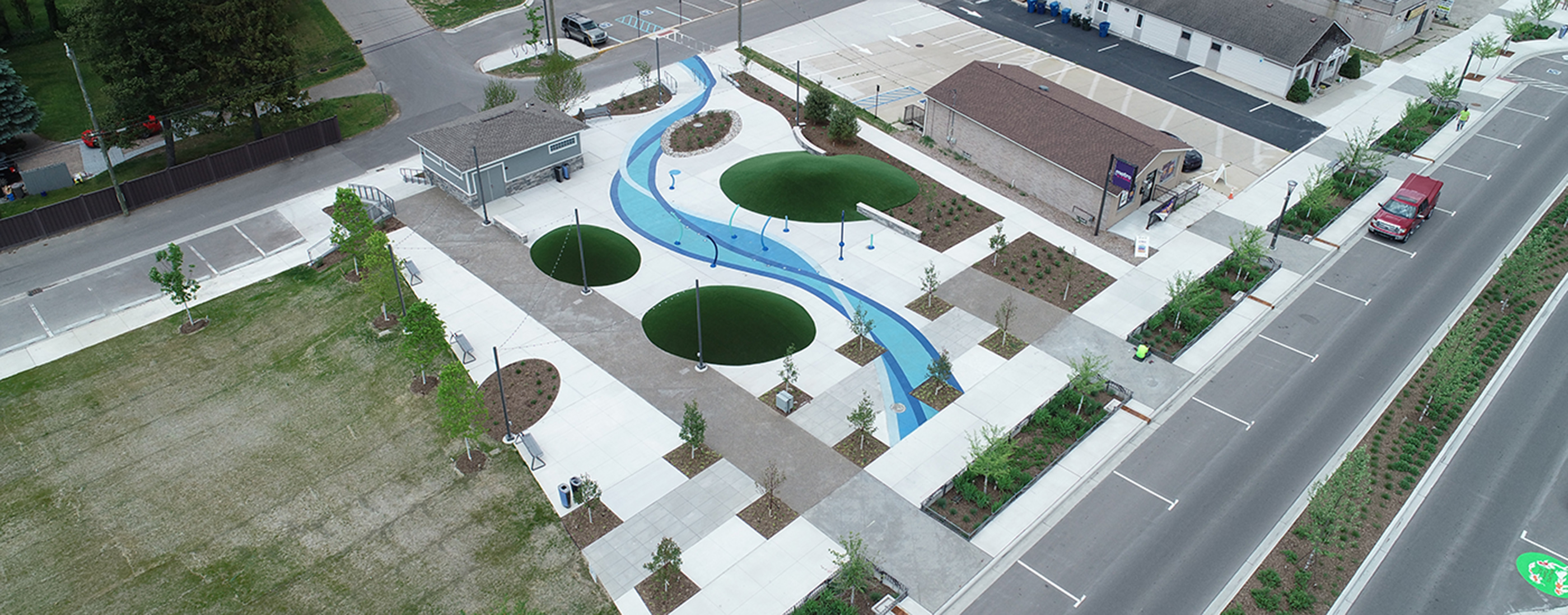 The spray park at Emmons Plaza in Rochester Hills, Michigan