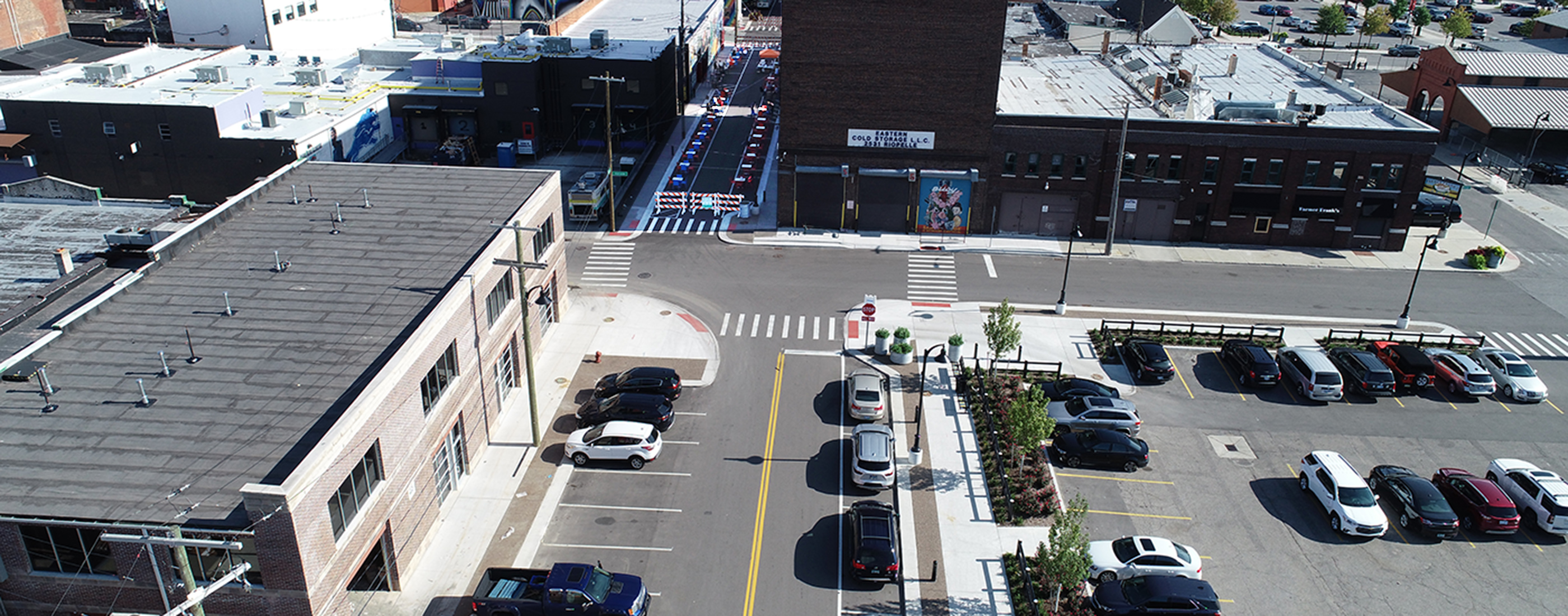 Aerial view of the intersection and beginning of Riopelle Street in Detroit, MI