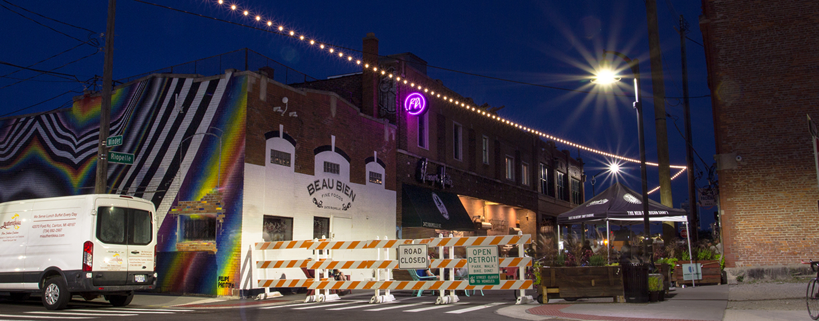 Outdoor community event held on Riopelle Street in Detroit, MI