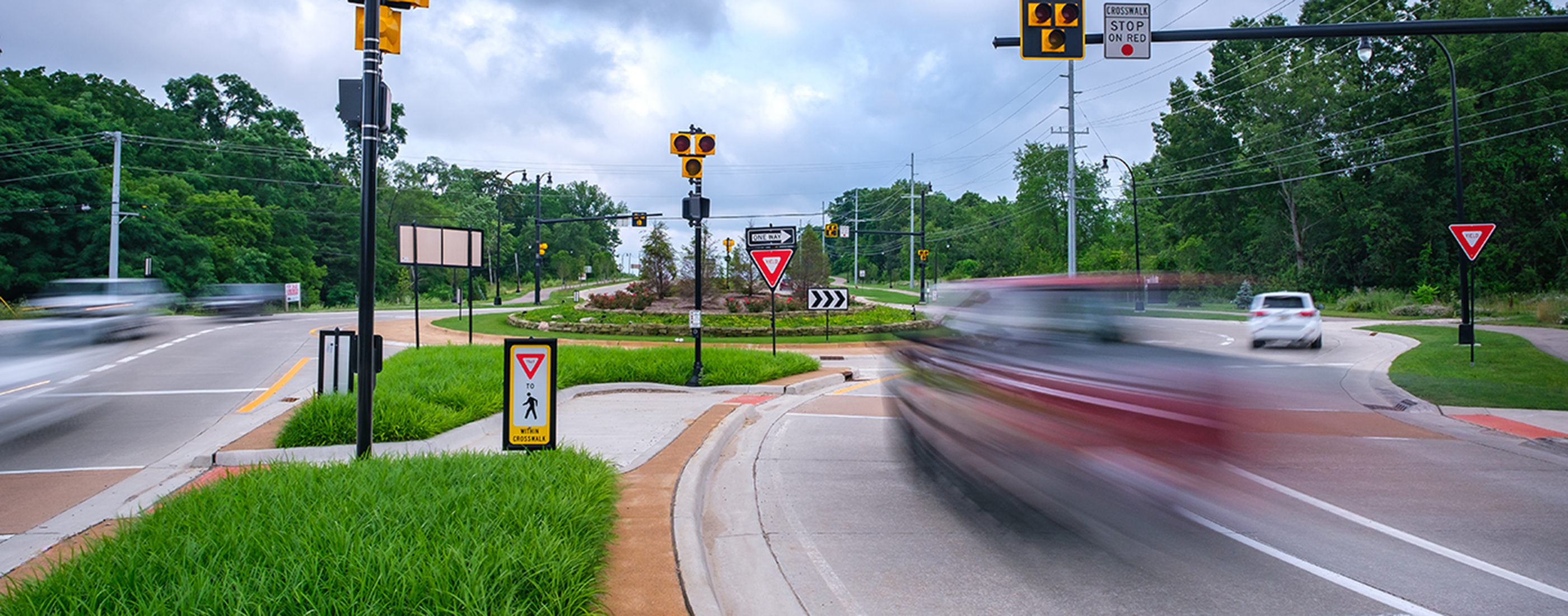 One of many roundabouts along the reconstructed Baldwin Road corridor.