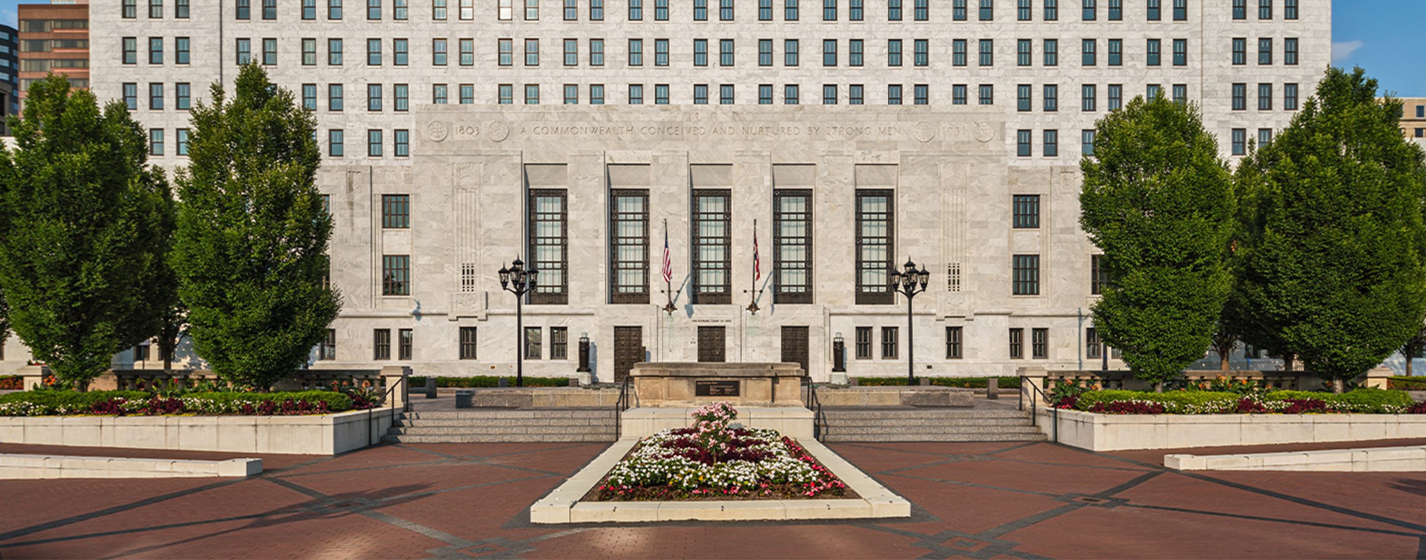 The Supreme Court of Ohio's entrance and exterior plaza in Columbus, Ohio