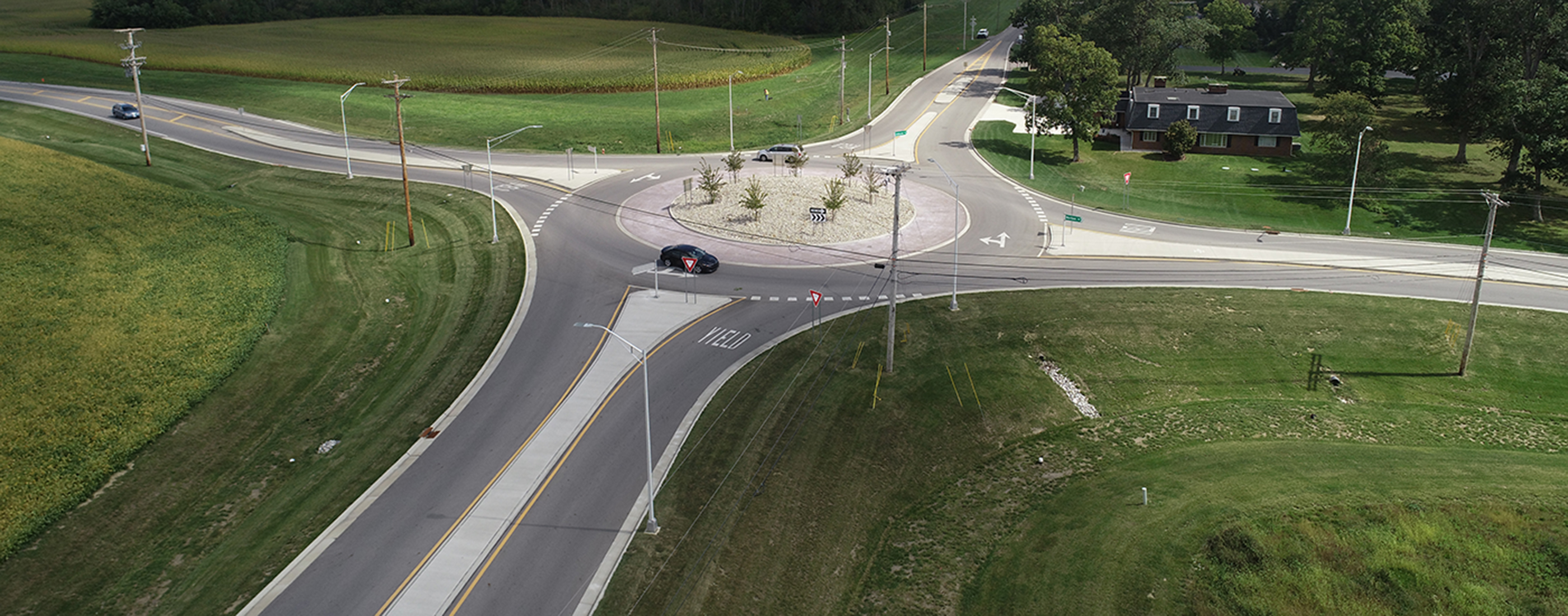 The new single-lane roundabout at Norton and Johnson Roads reduces congestion and improves safety.