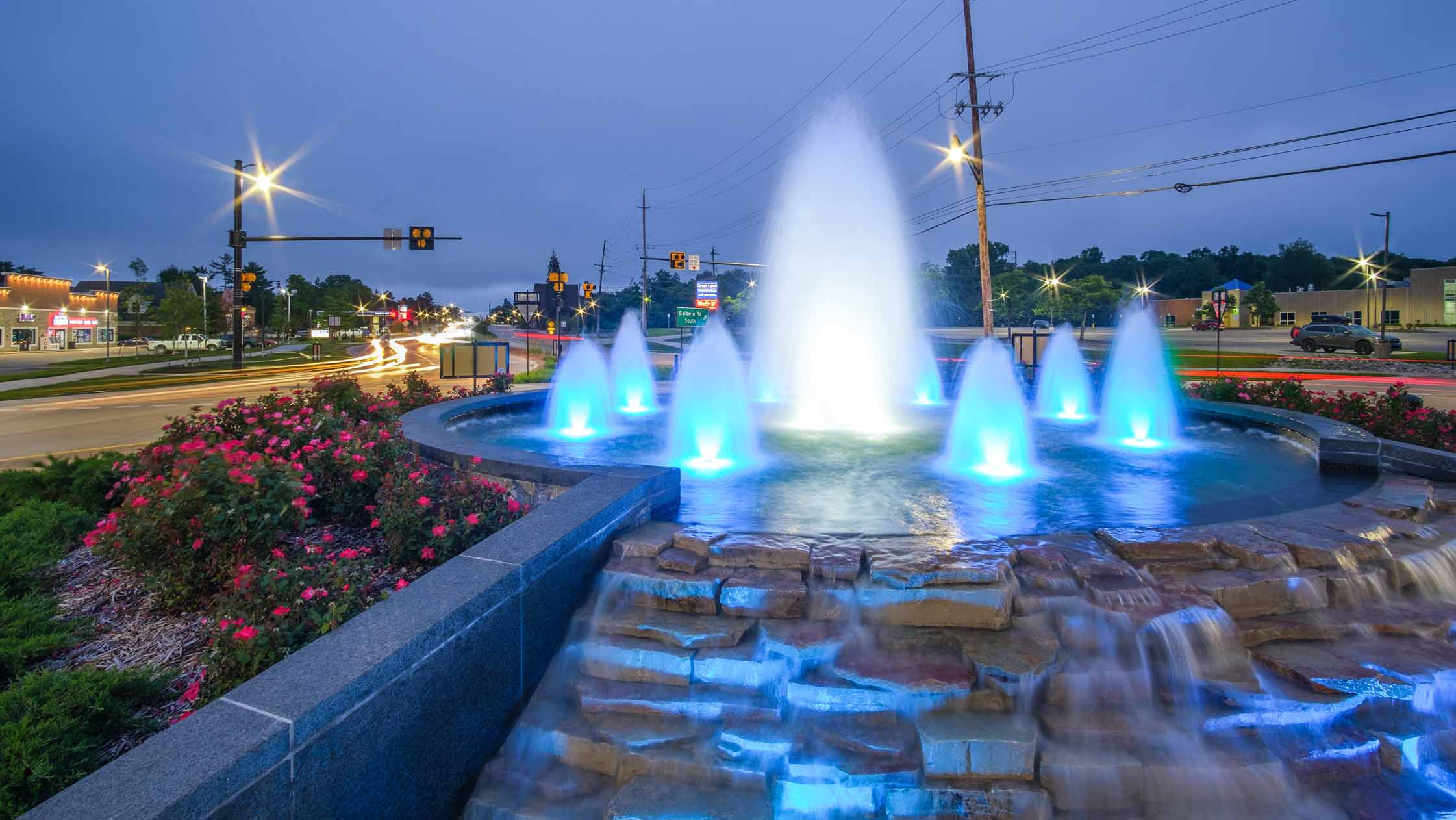 Fountain located in the center median of one of the new Baldwin Road roundabouts