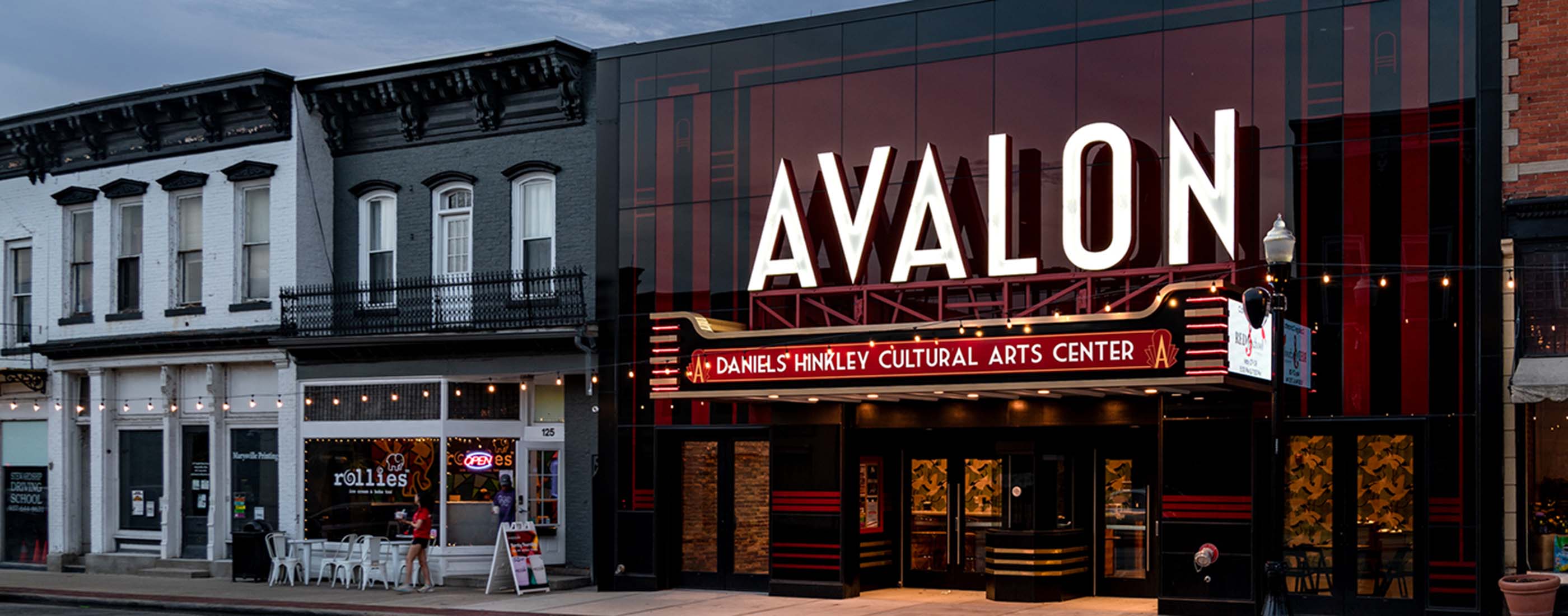 Avalon Theater Marysville evening street view