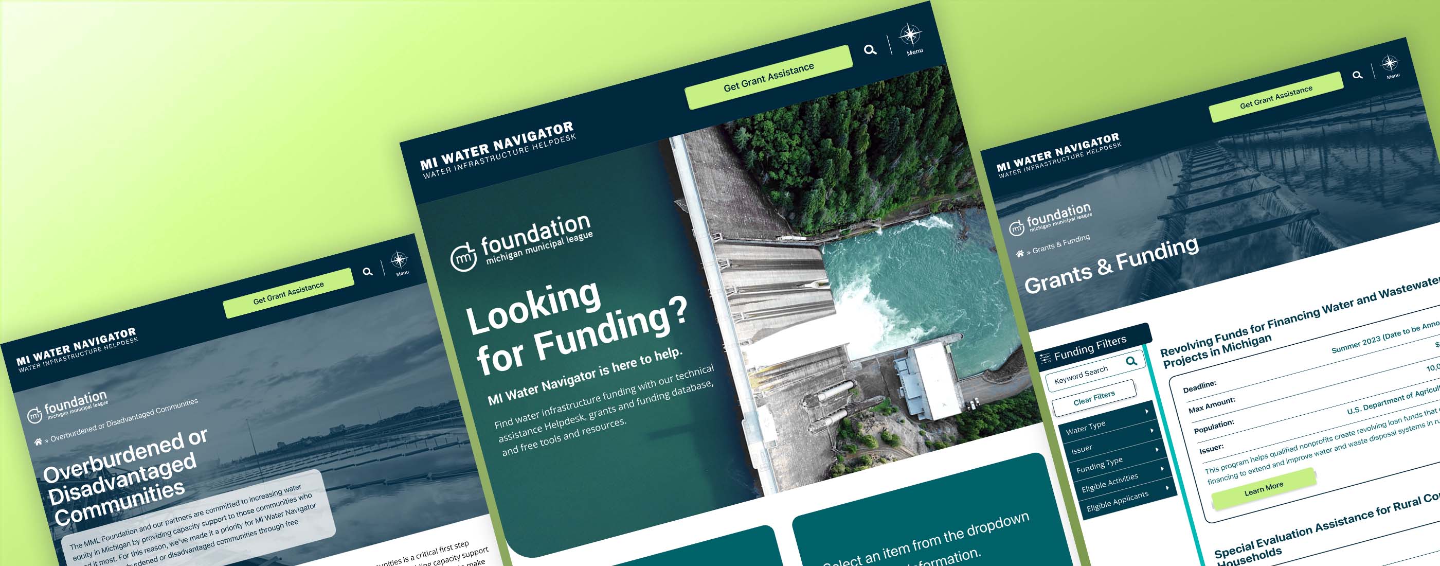 Screenshots of three pages of the MI Water Navigator website, which launched in 2022