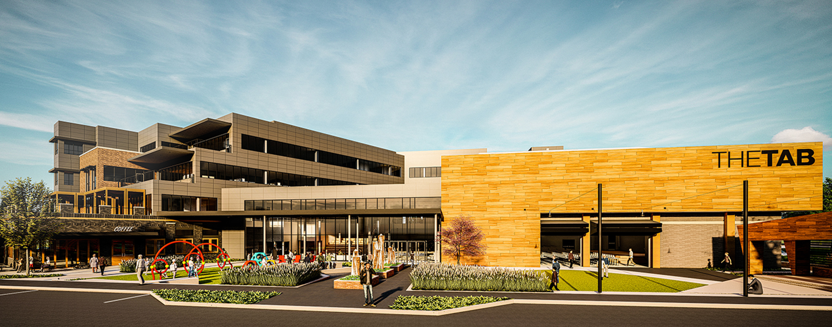 Active outdoor plaza space with seating and play space at One Alliance Place, Reynoldsburg OH