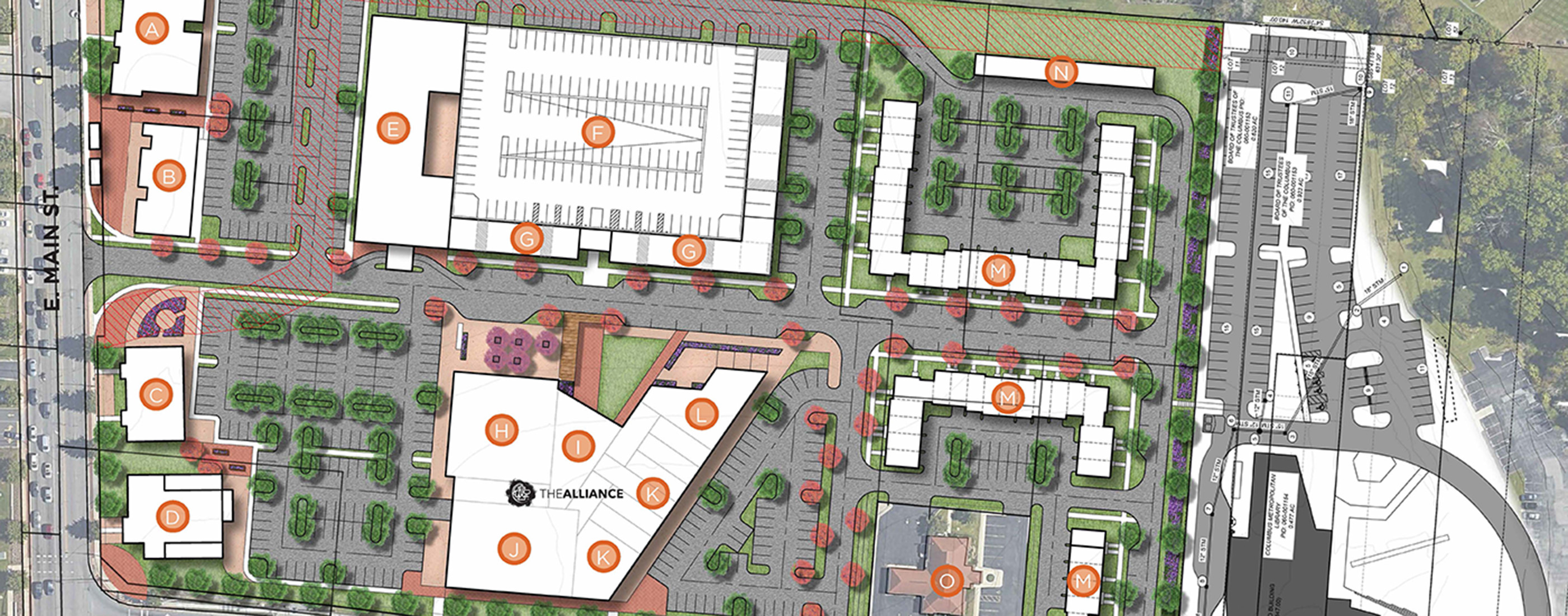 Alliance Place site plan illustrates buildings that surround a central gathering space